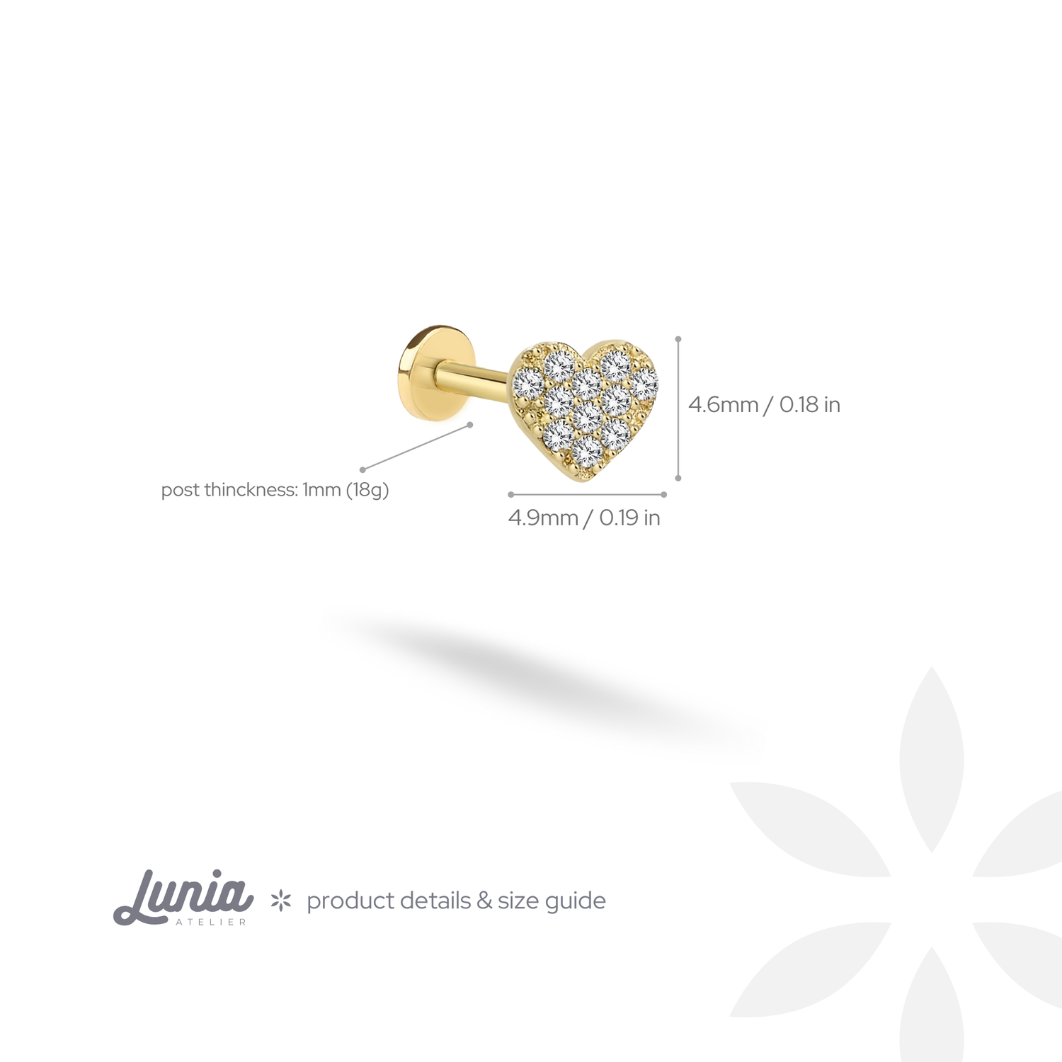 Heart Love Diamond Flatback Ear Piercing 14K Gold with CZ Stone