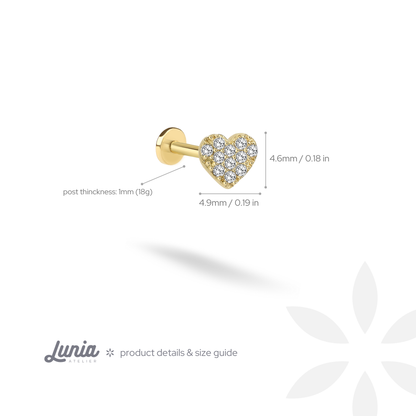 Heart Love Diamond Flatback Ear Piercing 14K Gold with CZ Stone