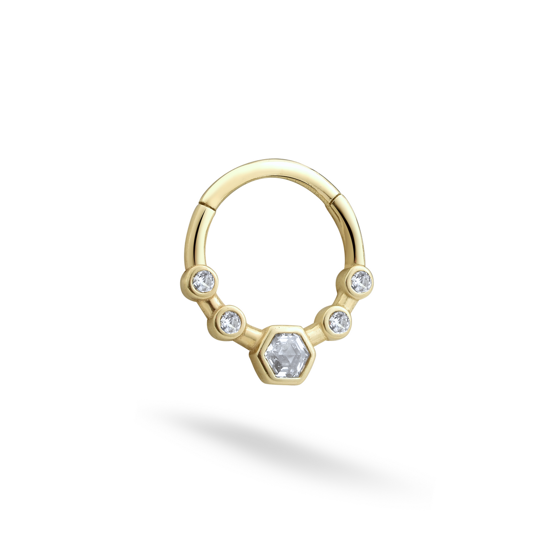 Hexa Clicker Hoop Ear Piercing 14K Gold CZ Stone