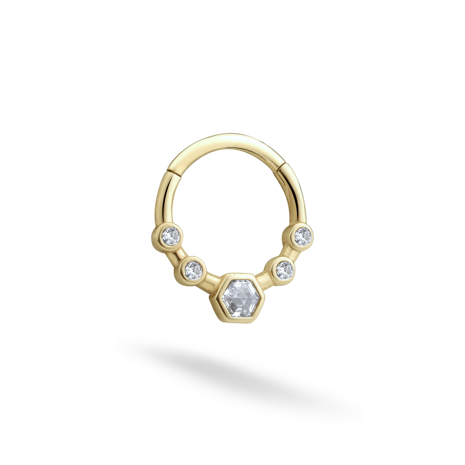 Hexa Clicker Hoop Ear Piercing 14K Gold CZ Stone
