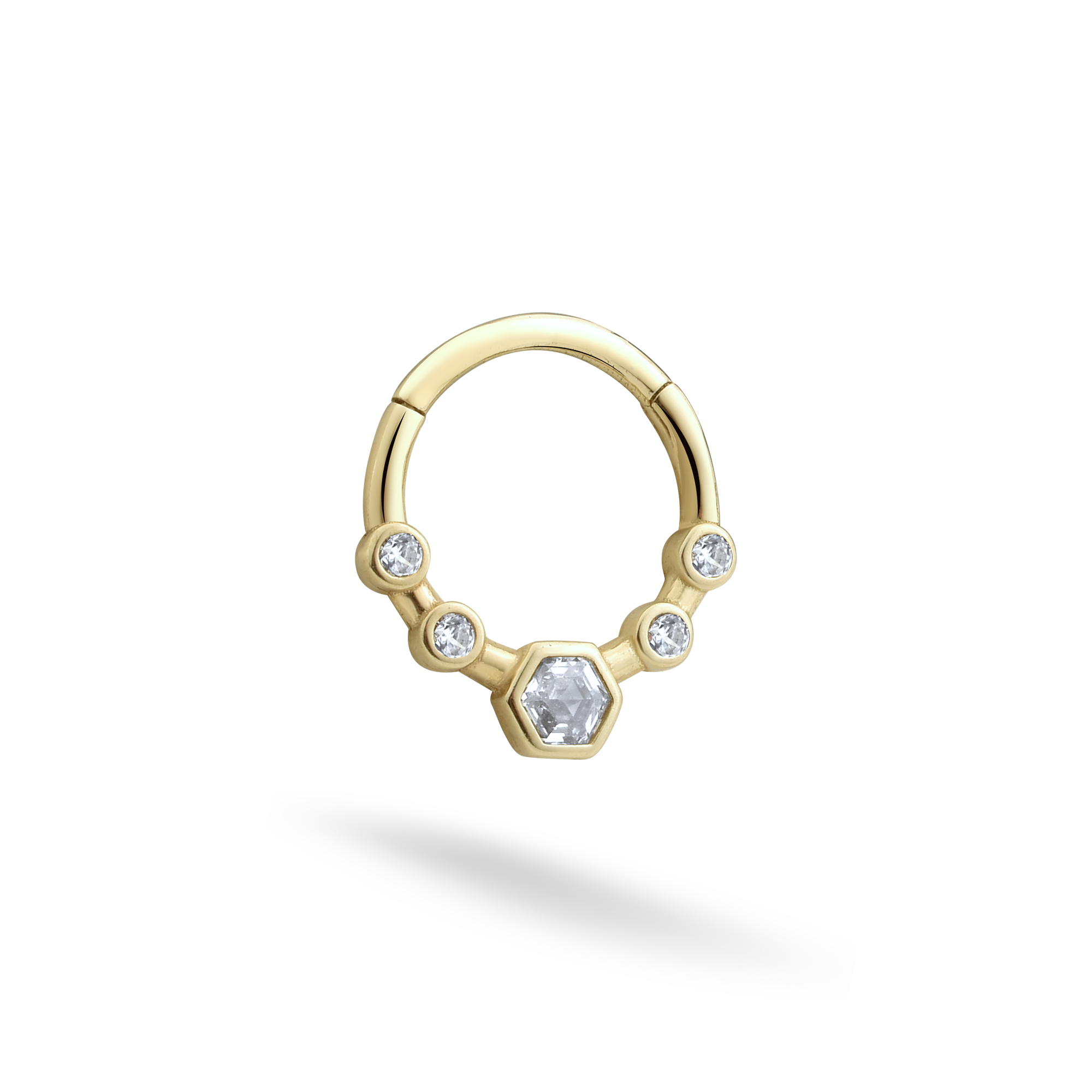 Hexa Clicker Hoop Ear Piercing 14K Gold CZ Stone