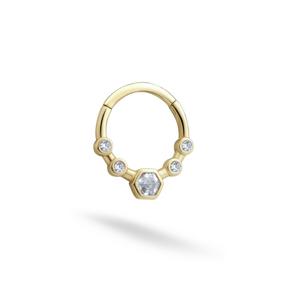Hexa Clicker Hoop Ear Piercing 14K Gold CZ Stone