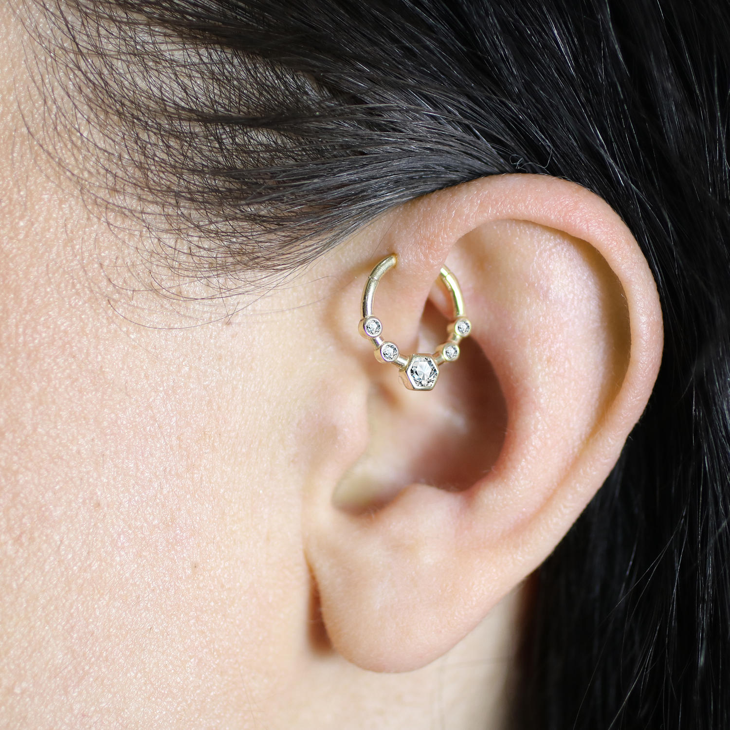 Geo Clicker Hoop Ear Piercing 14K Gold CZ Stone