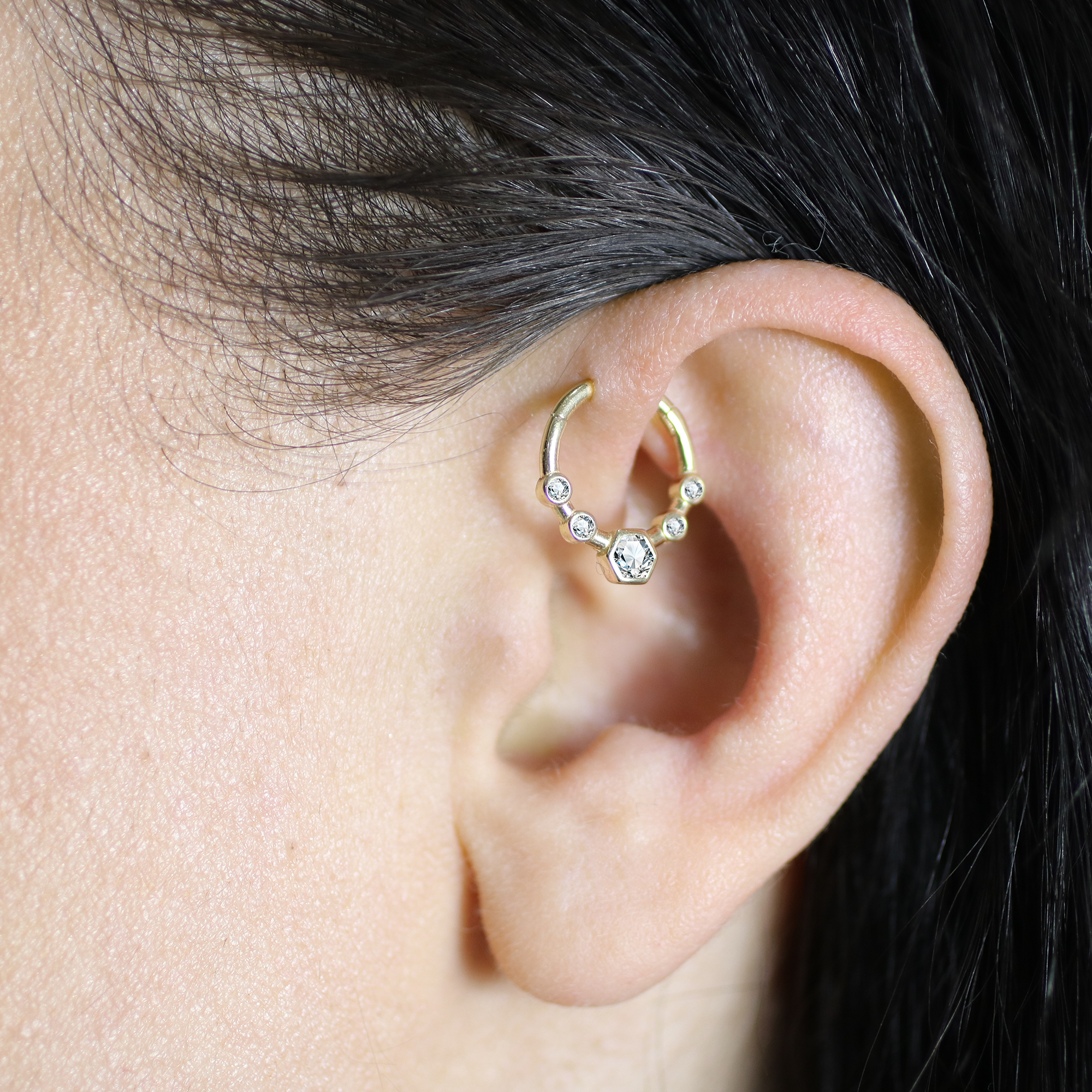 Geo Clicker Hoop Ear Piercing 14K Gold CZ Stone