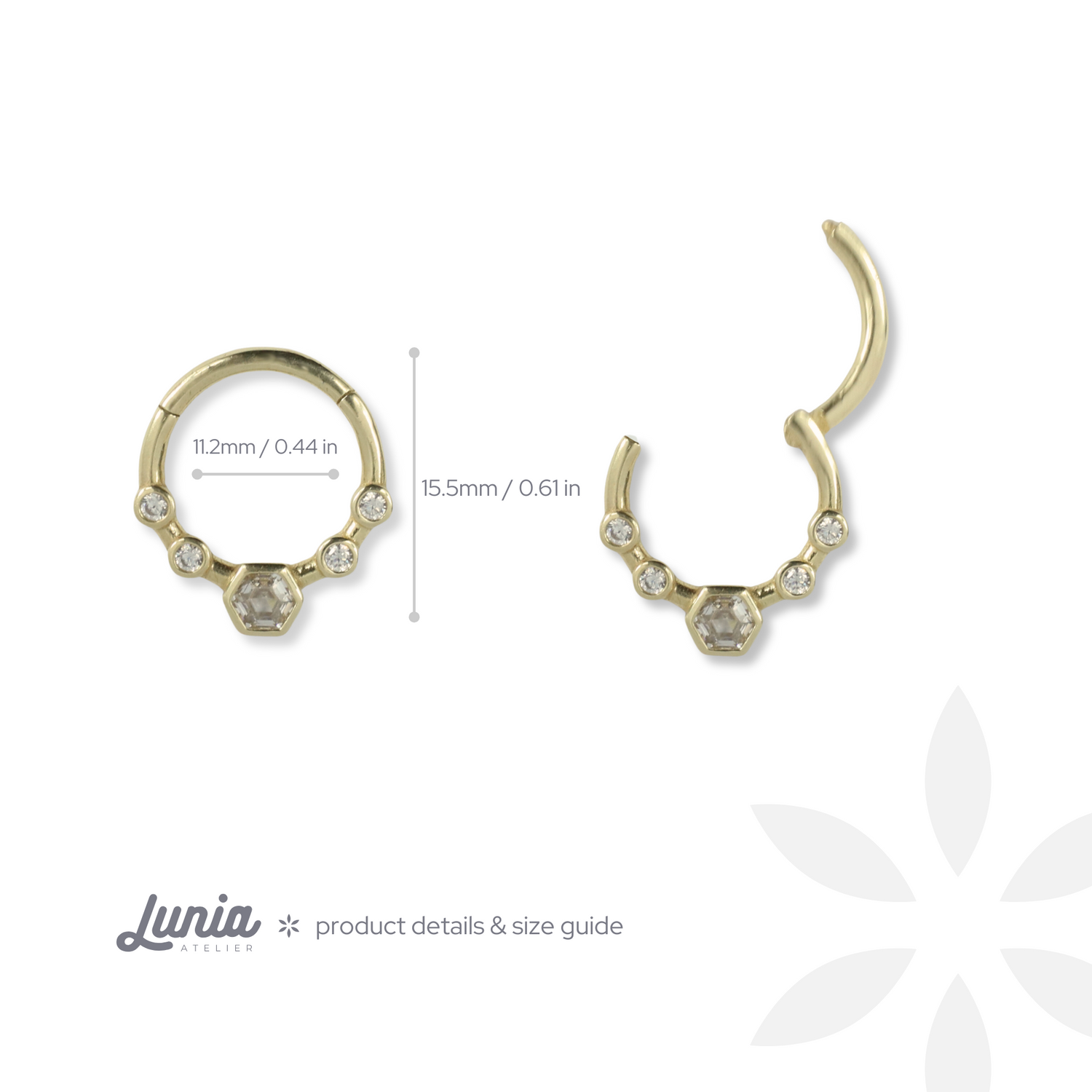 Hexa Clicker Hoop Ear Piercing 14K Gold CZ Stone