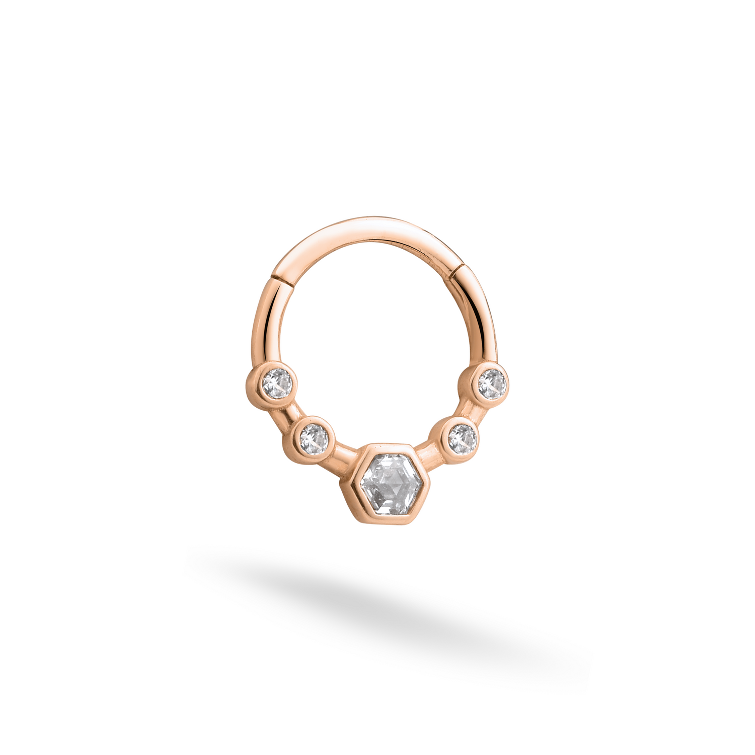 Hexa Clicker Hoop Ear Piercing 14K Gold CZ Stone