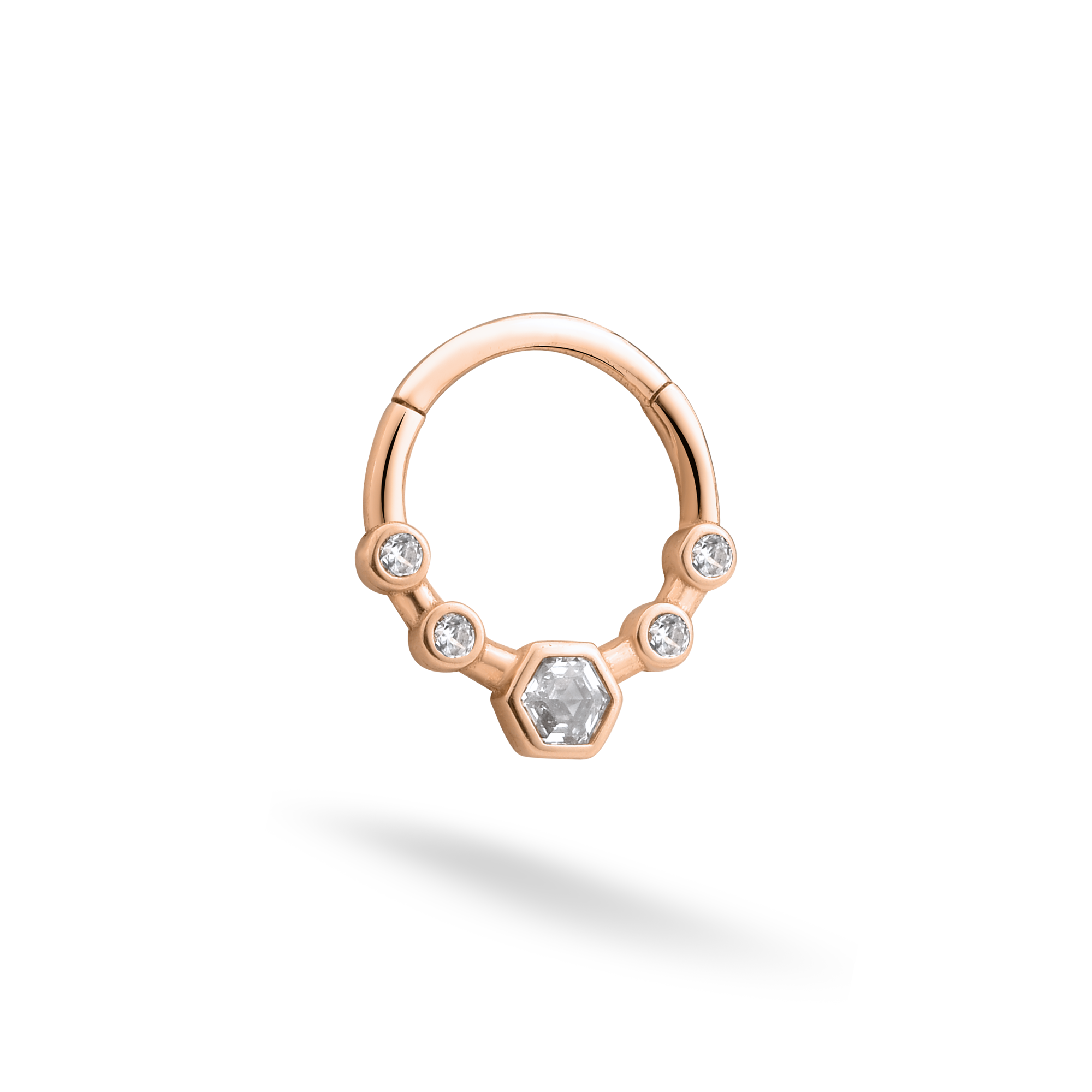 Hexa Clicker Hoop Ear Piercing 14K Gold CZ Stone