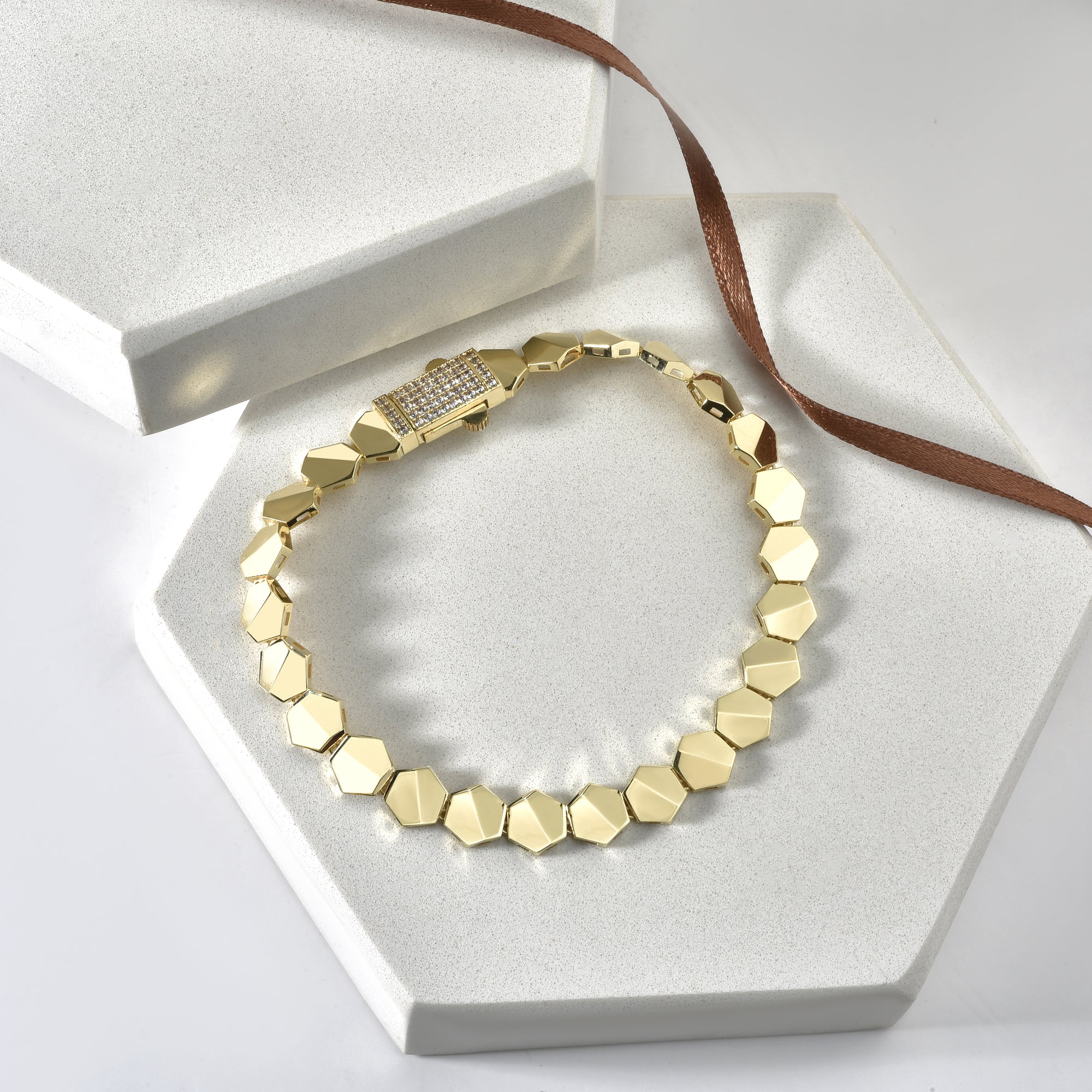 Hexagon Array Stone  Bracelet 14K Gold