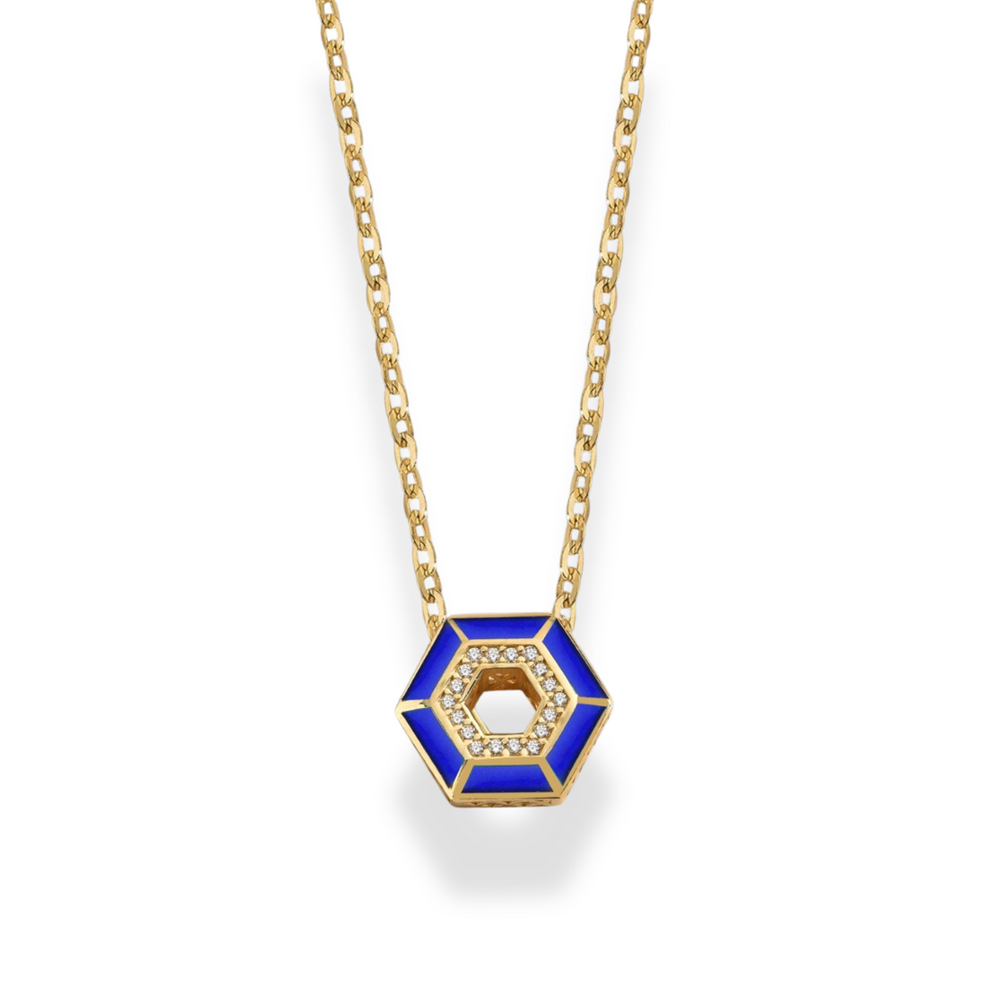 Hexagon Navy Blue Diamond Necklace 14K Gold