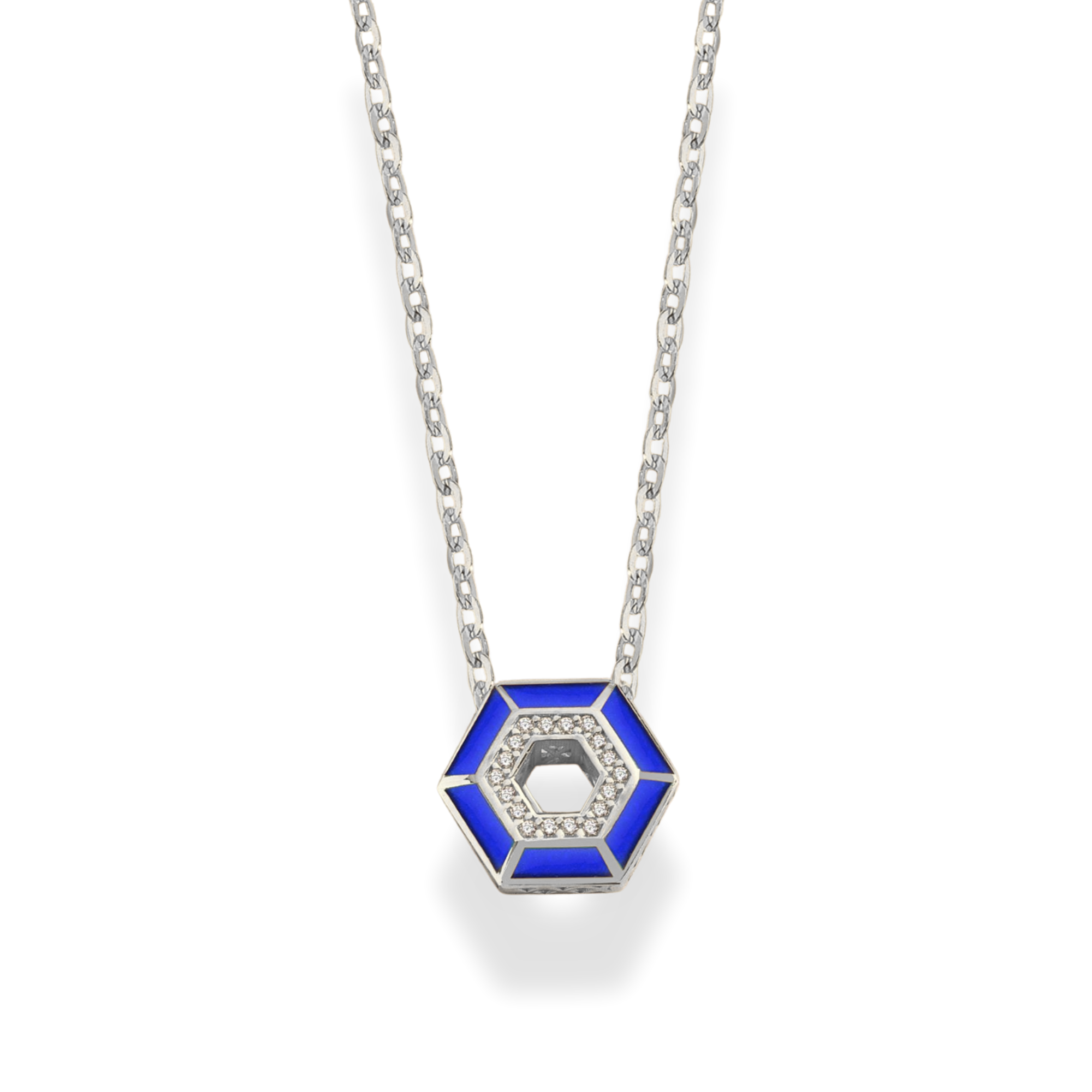 Hexagon Navy Blue Diamond Necklace 14K Gold