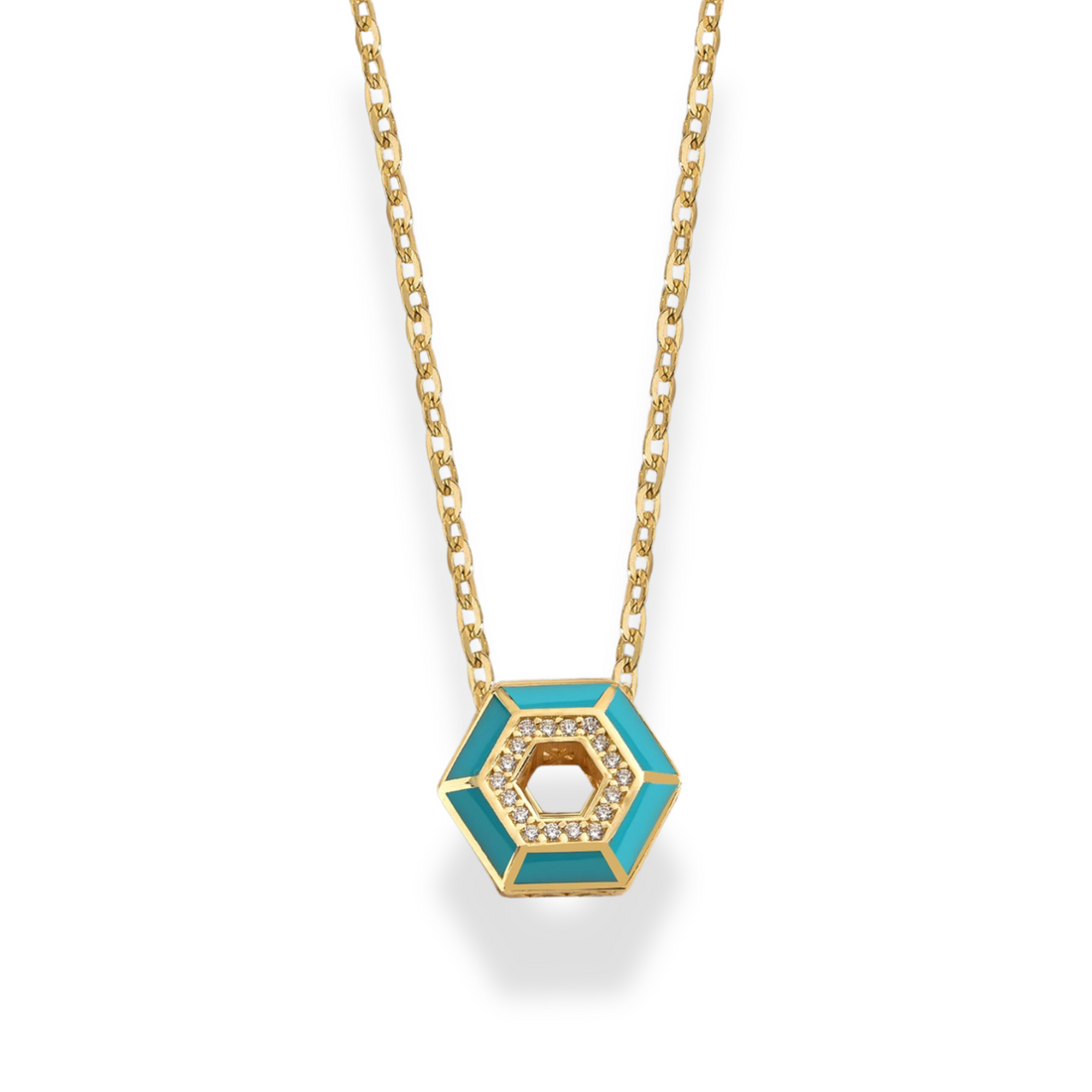 Hexagon Turquoise Diamond Necklace 14K Gold