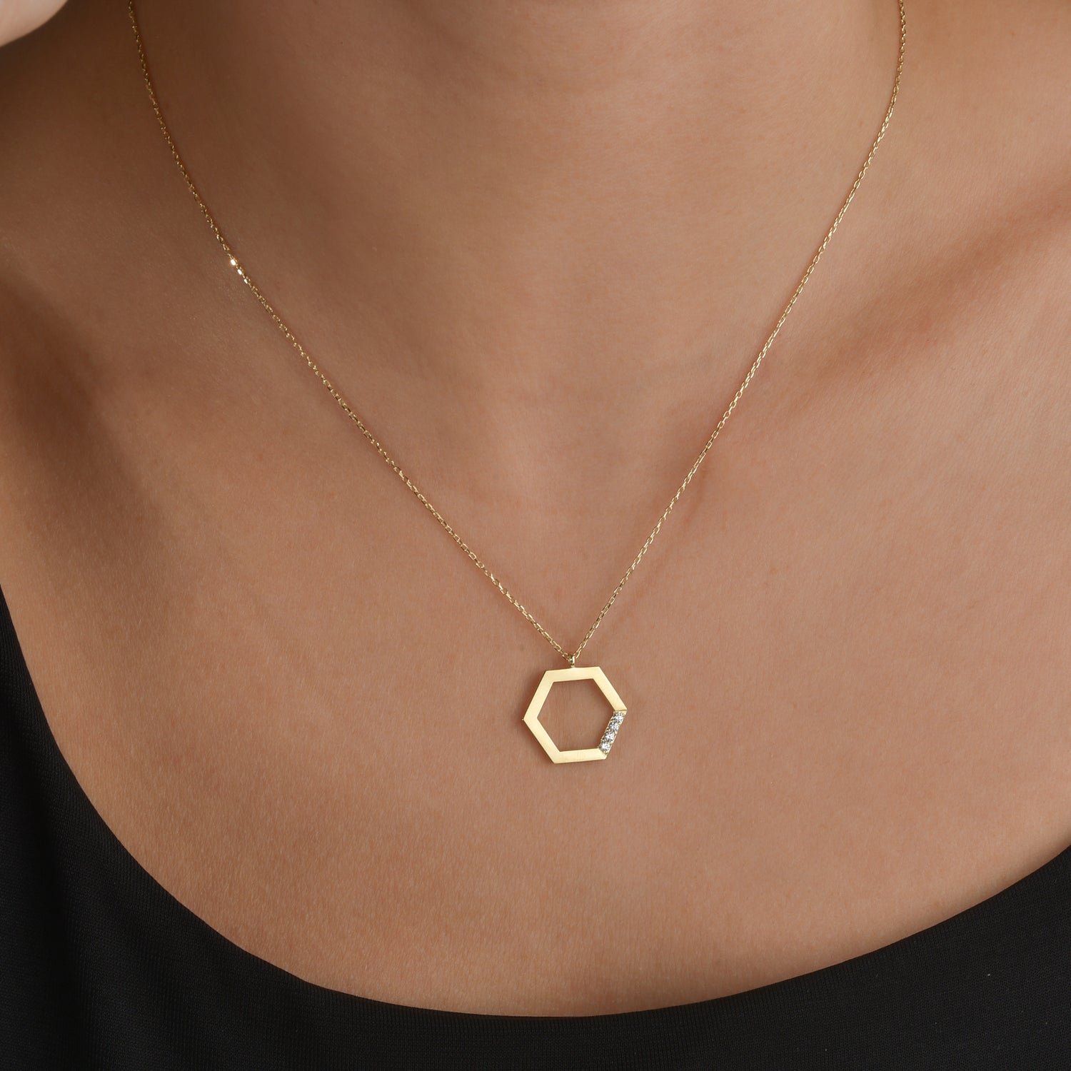 Hexagonal Stone Edge Necklace Silver version showcasing modern geometry inspired fine jewelry design