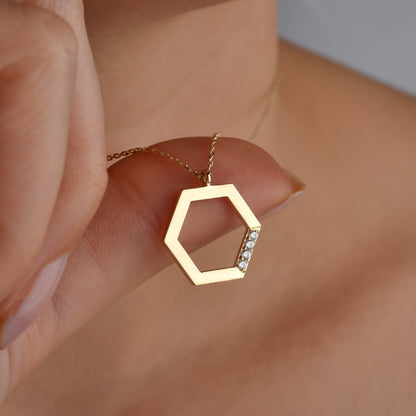 Hexagonal Stone Edge Diamond Necklace 14K Gold / Silver