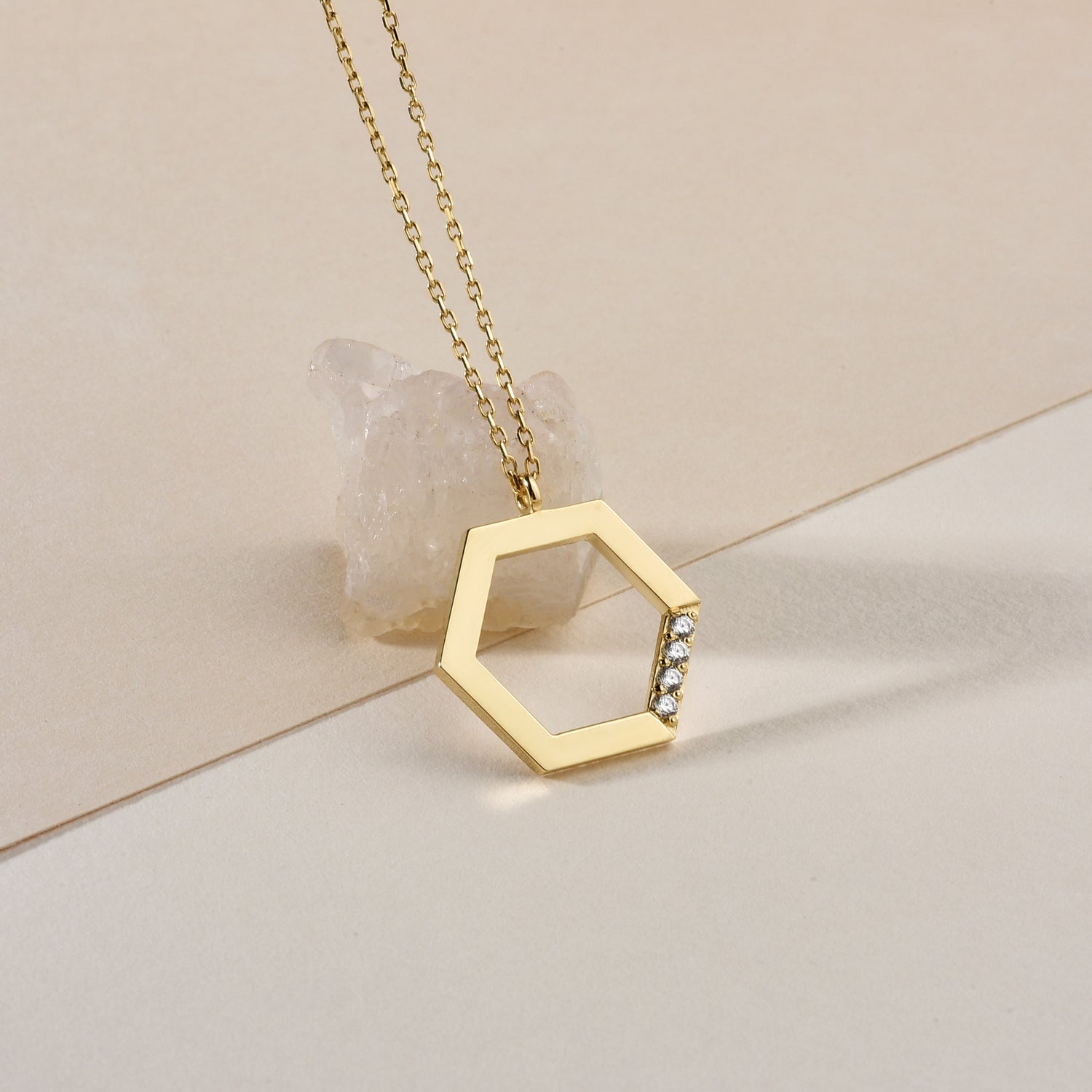 Hexagonal Stone Edge Diamond Necklace 14K Gold / Silver