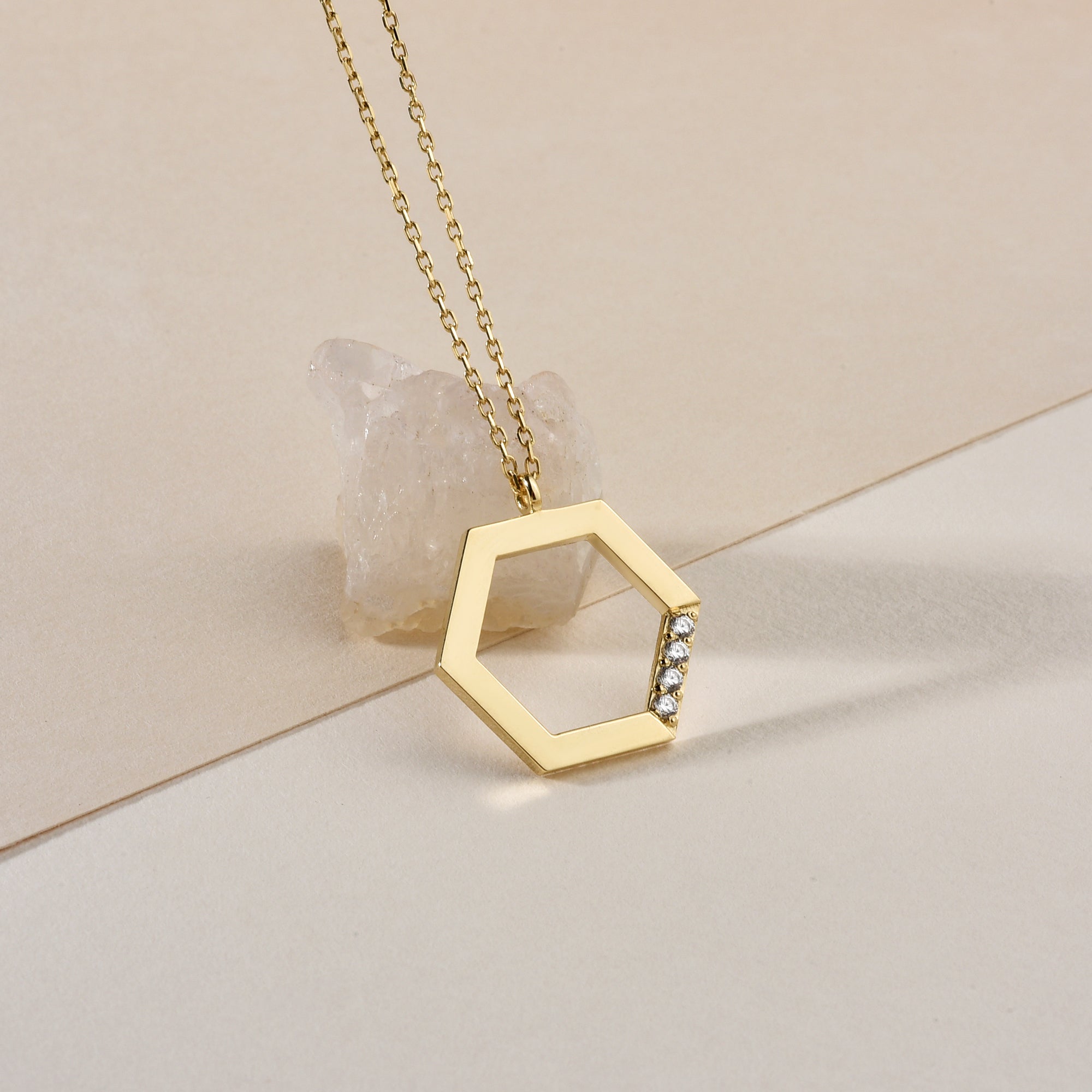 Hexagonal Stone Edge Diamond Necklace 14K Gold / Silver