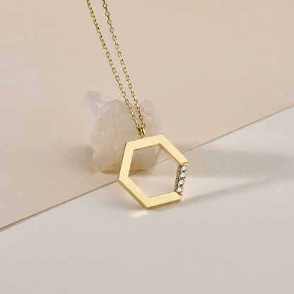 Hexagonal Stone Edge Diamond Necklace 14K Gold / Silver