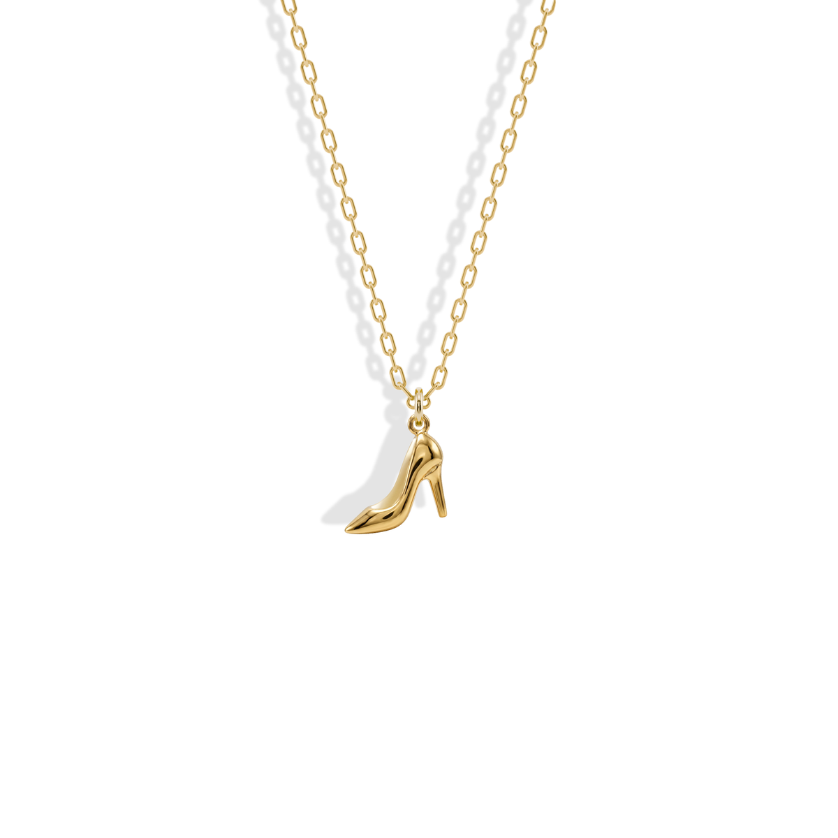 High Heel Shoe Pendant Necklace 14K Gold, the stiletto silhouette polished in yellow gold