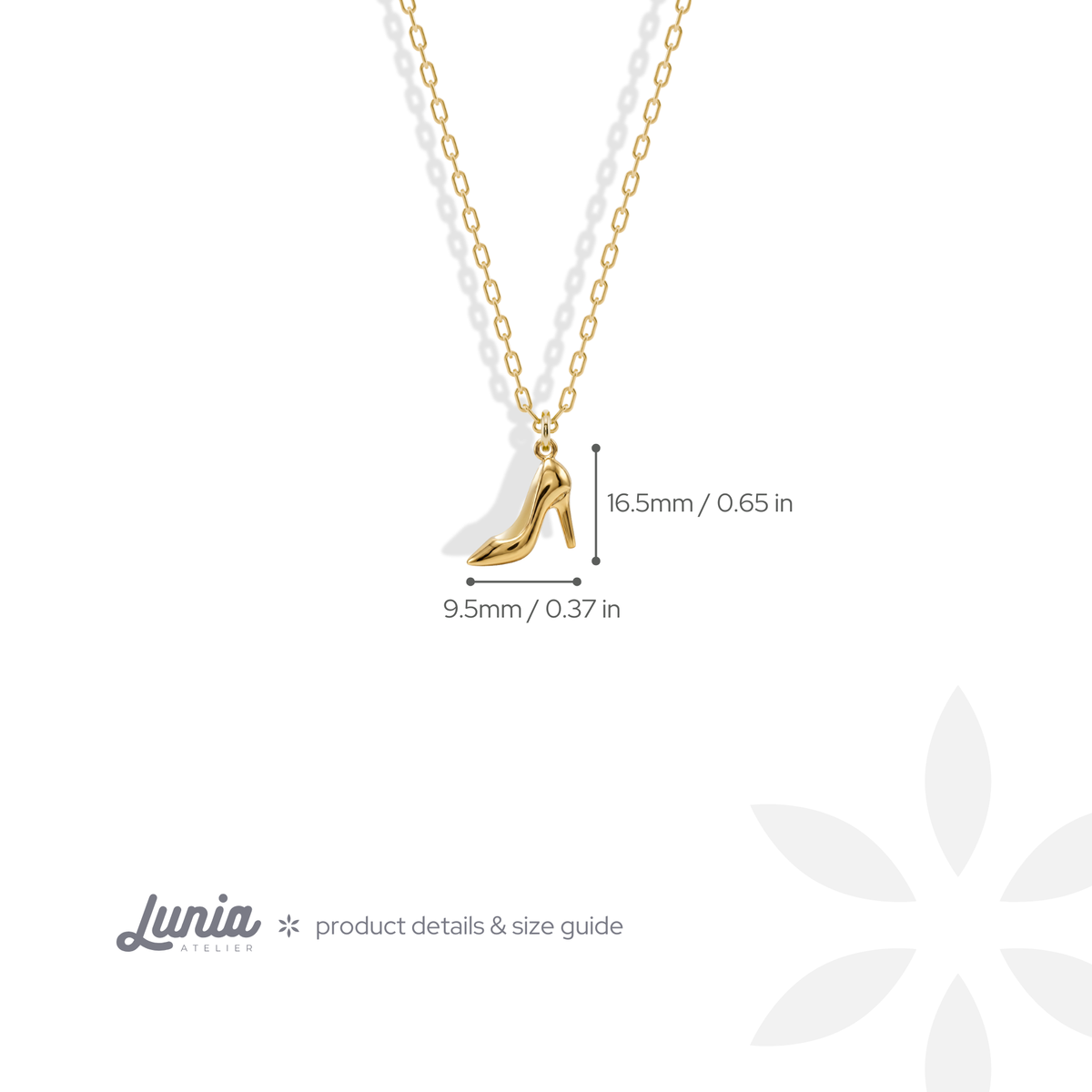 Shoe charm measurements: 16.5 mm tall, 9.5 mm from toe to heel