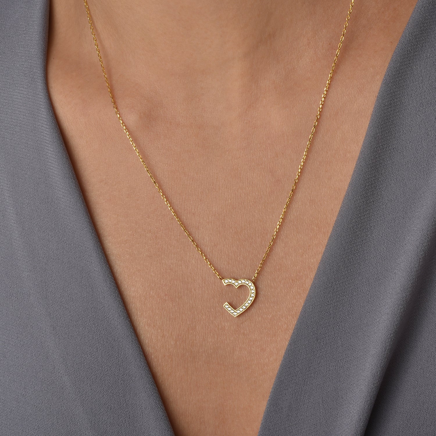 Hollow Stone Frame Heart Necklace 14K Gold / Silver