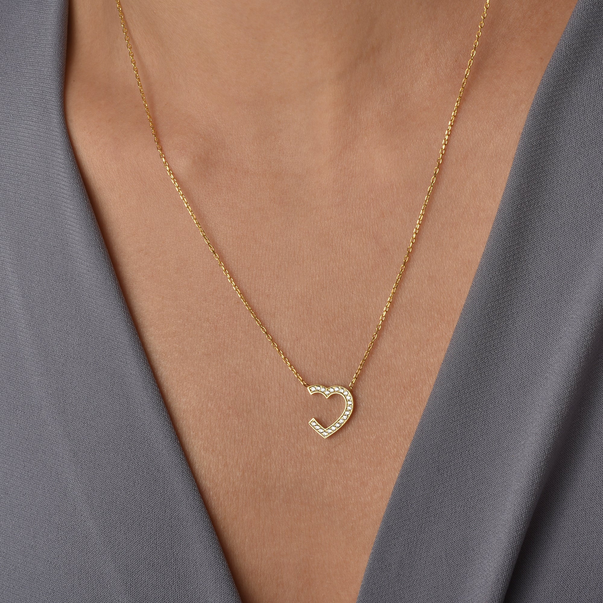 Hollow Stone Frame Heart Necklace 14K Gold / Silver