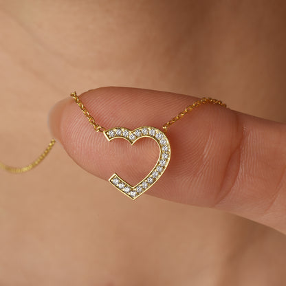 Hollow Stone Frame Heart Necklace 14K Gold / Silver