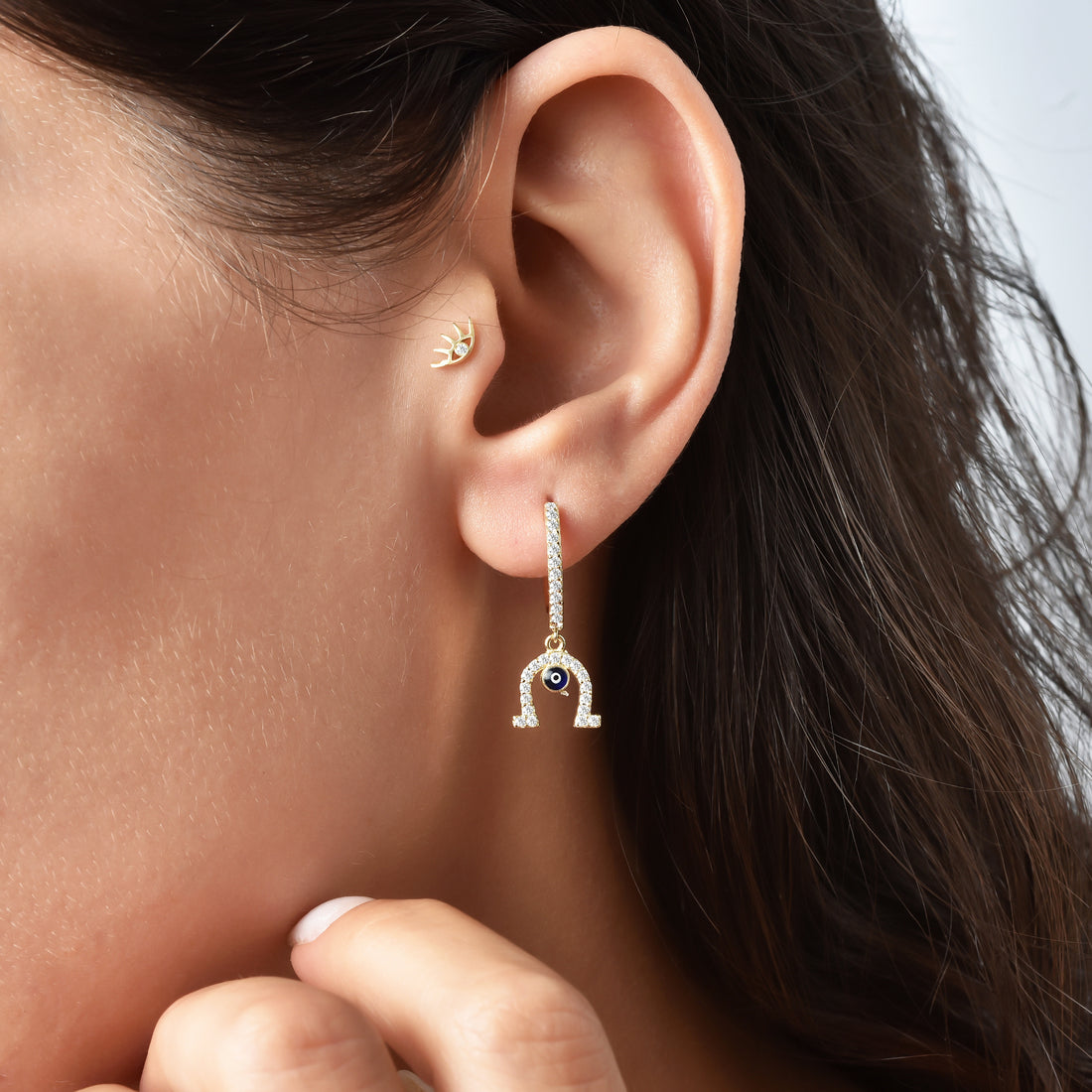 14K Gold Dangling Horseshoe Diamond Earrings