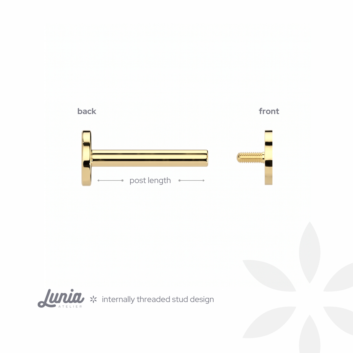 Octopus flatback ear piercing with internally threaded stud design detail