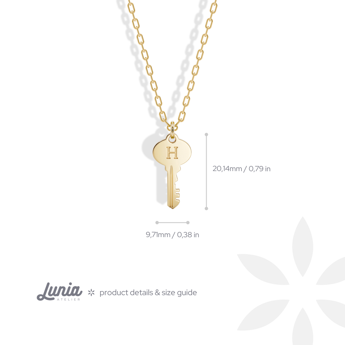 Key pendant dimensions: 9.71 mm across the bow, 20.14 mm from tip to loop
