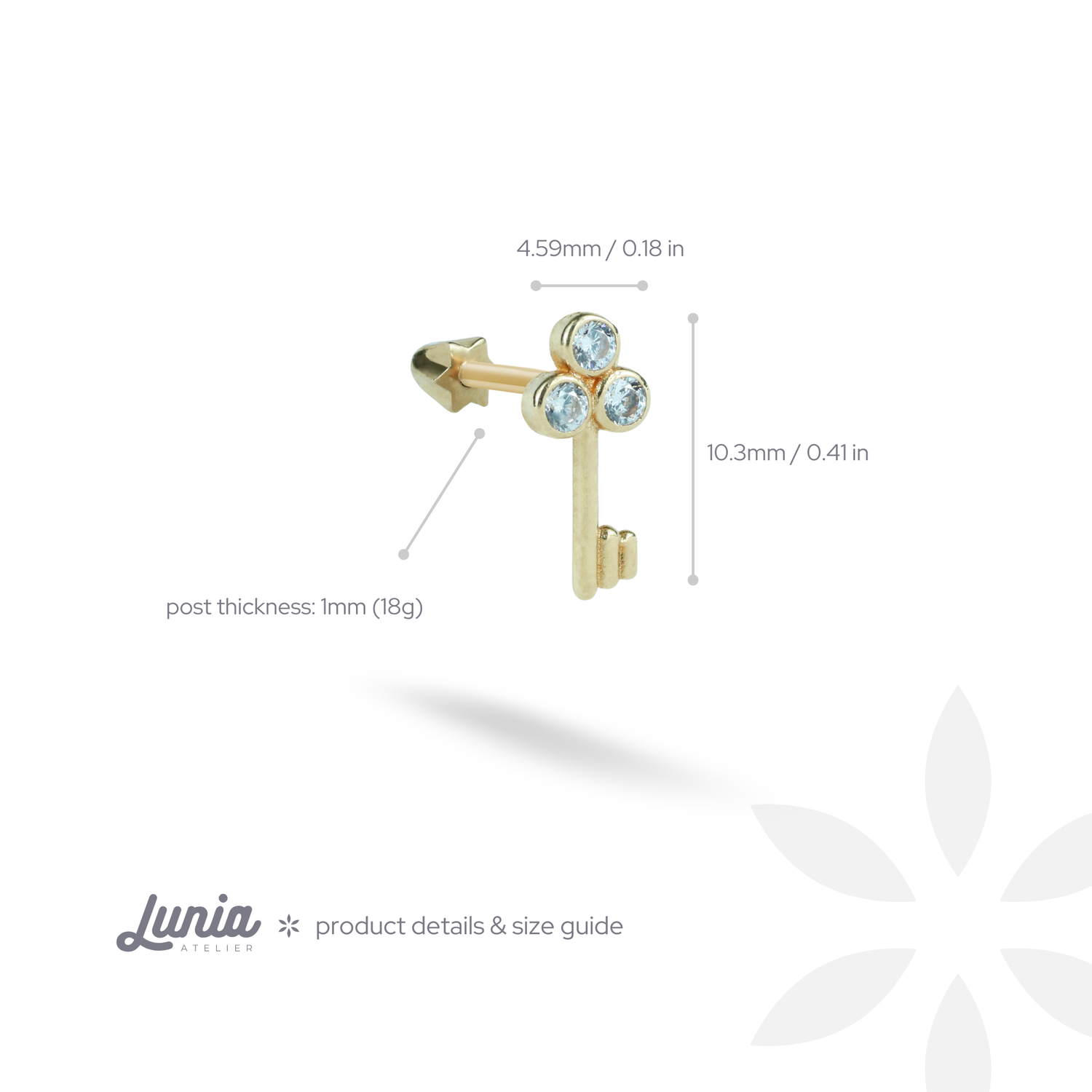 Key Flatback Ear Piercing 14K Gold with CZ Stone