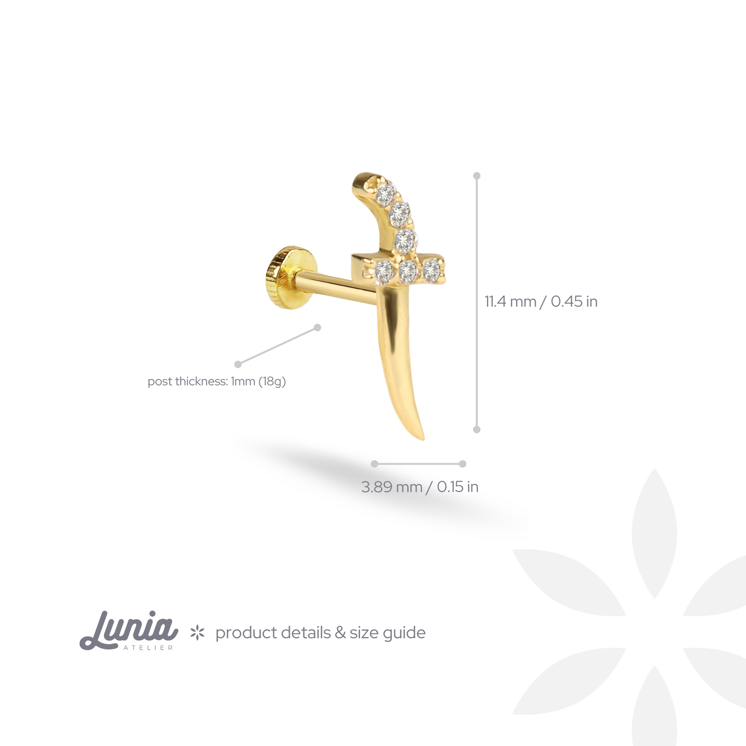 Knife Stone Flatback Ear Piercing 14K Gold with CZ Stone
