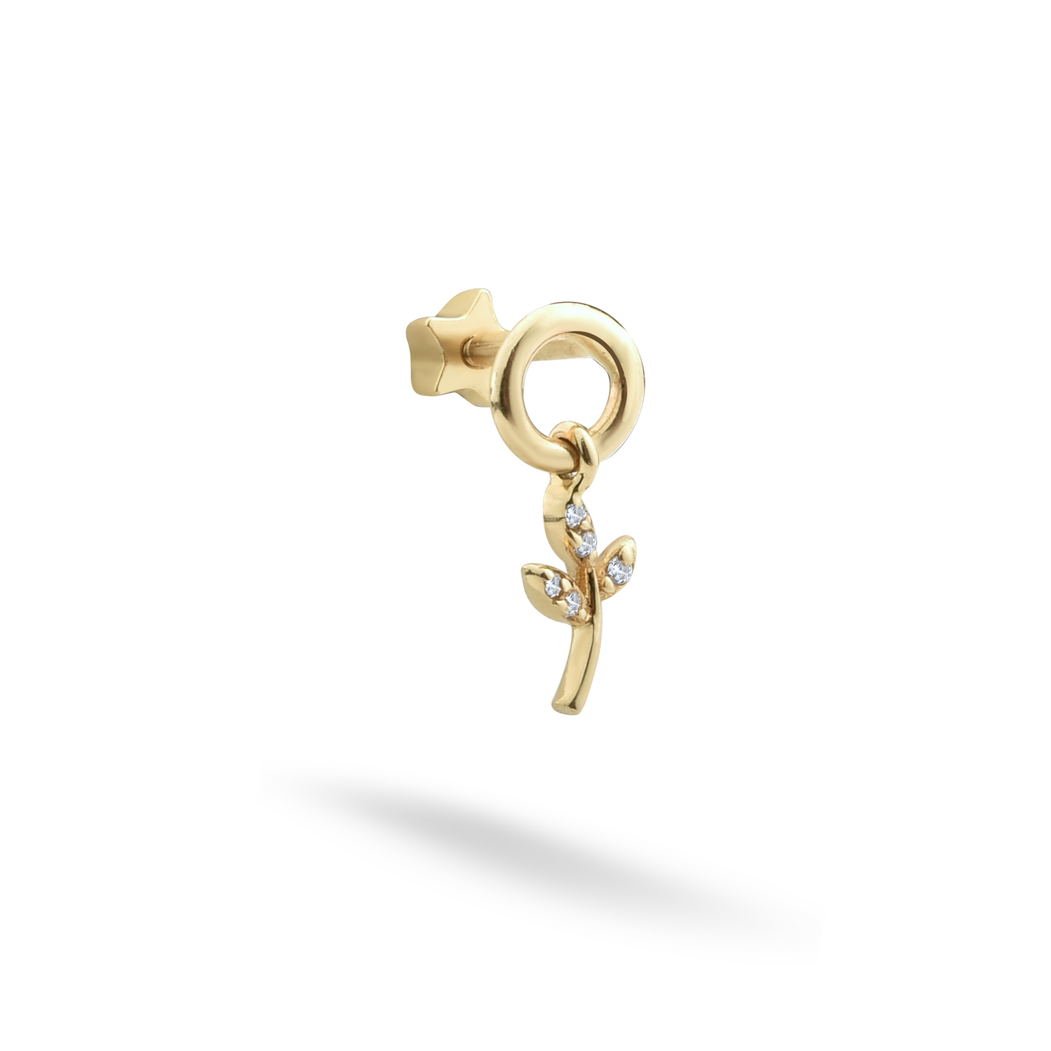 Leaf Dangle Flatback Ear Piercing 14K Gold with CZ Stone