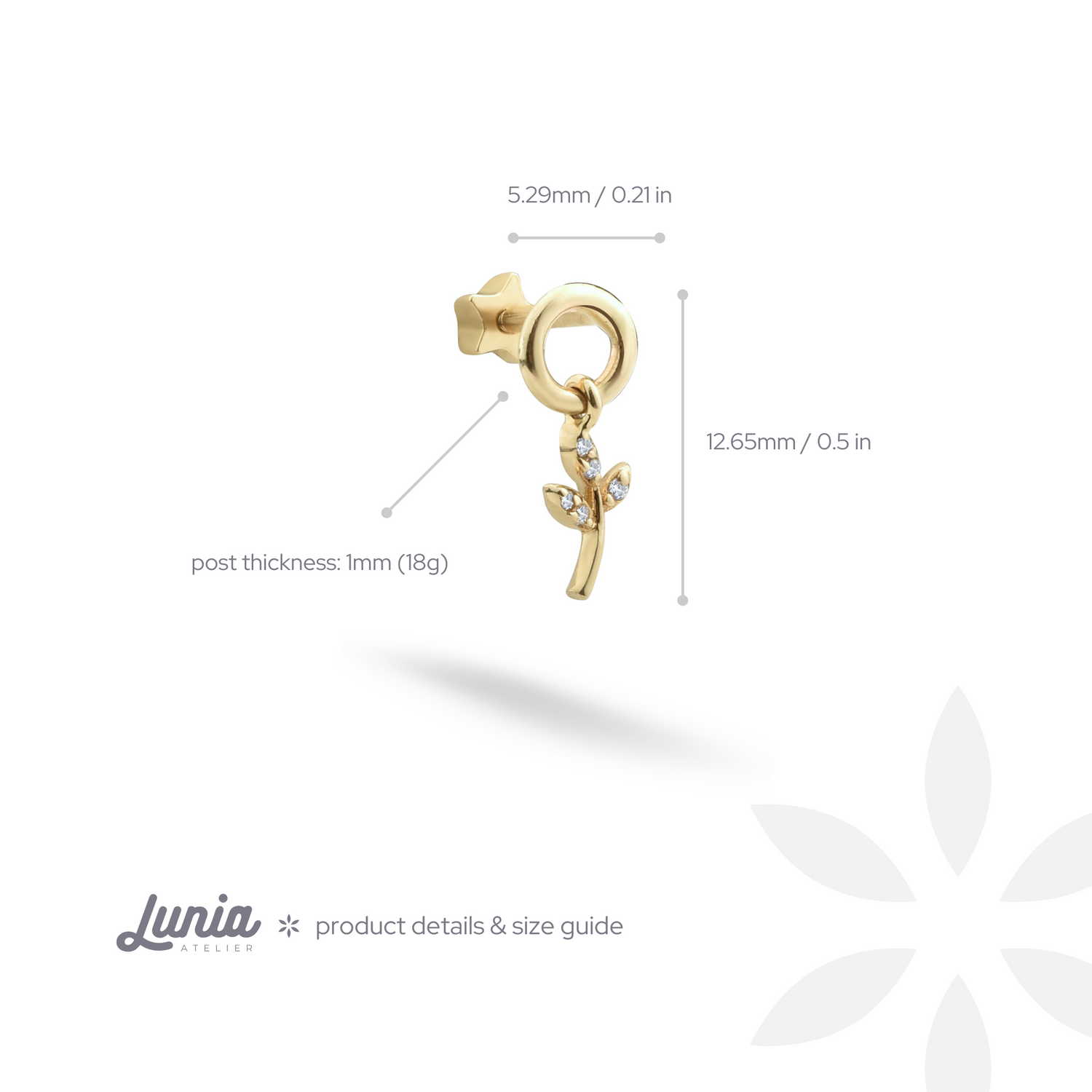 Leaf Dangle Flatback Ear Piercing 14K Gold with CZ Stone