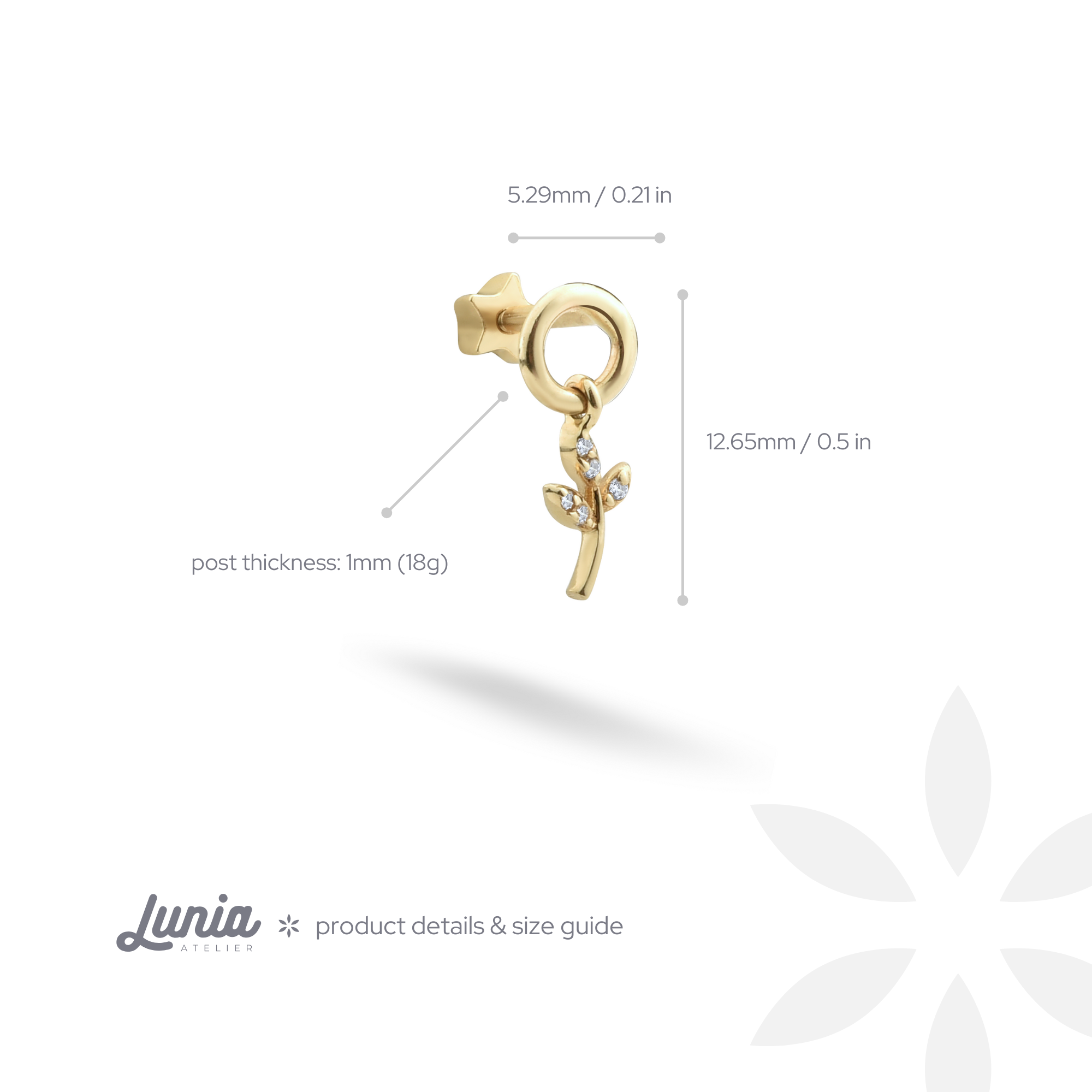 Leaf Dangle Flatback Ear Piercing 14K Gold with CZ Stone