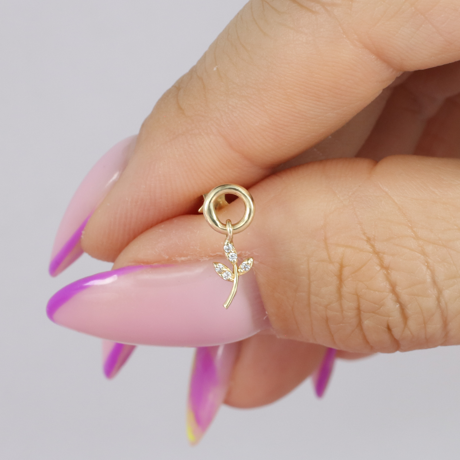 Leaf Dangle Flatback Ear Piercing 14K Gold with CZ Stone
