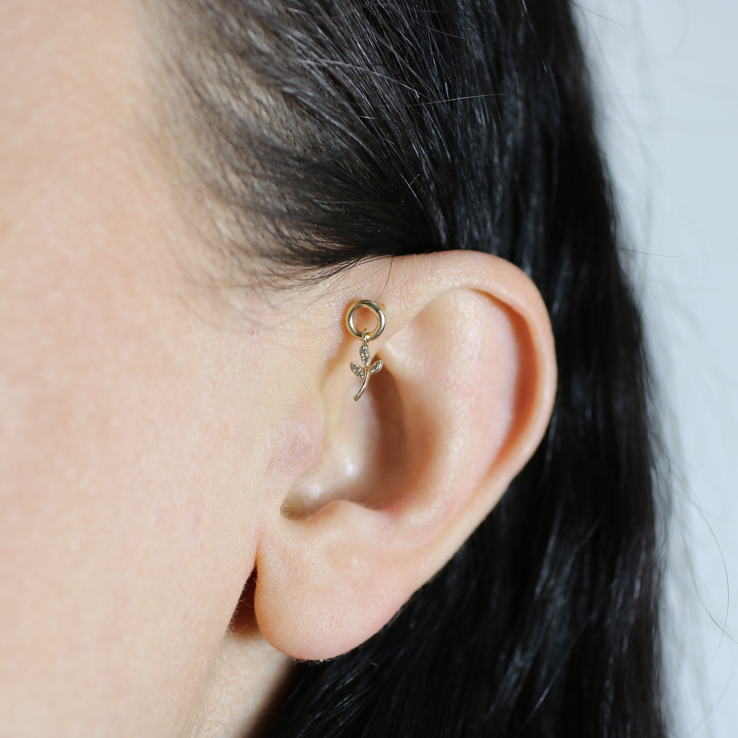 Vine Dangle Flatback Ear Piercing 14K Gold with CZ Stone