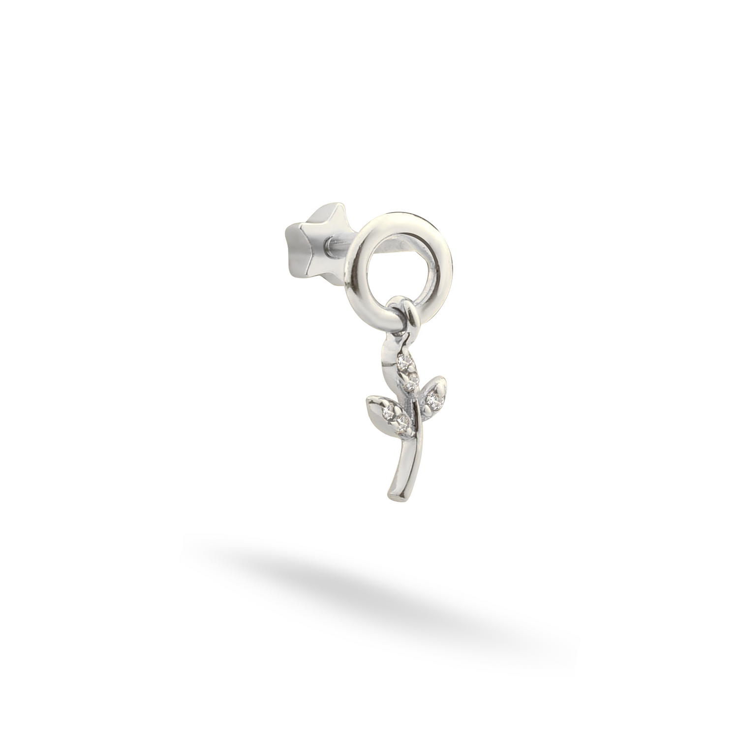 Leaf Dangle Flatback Ear Piercing 14K Gold with CZ Stone