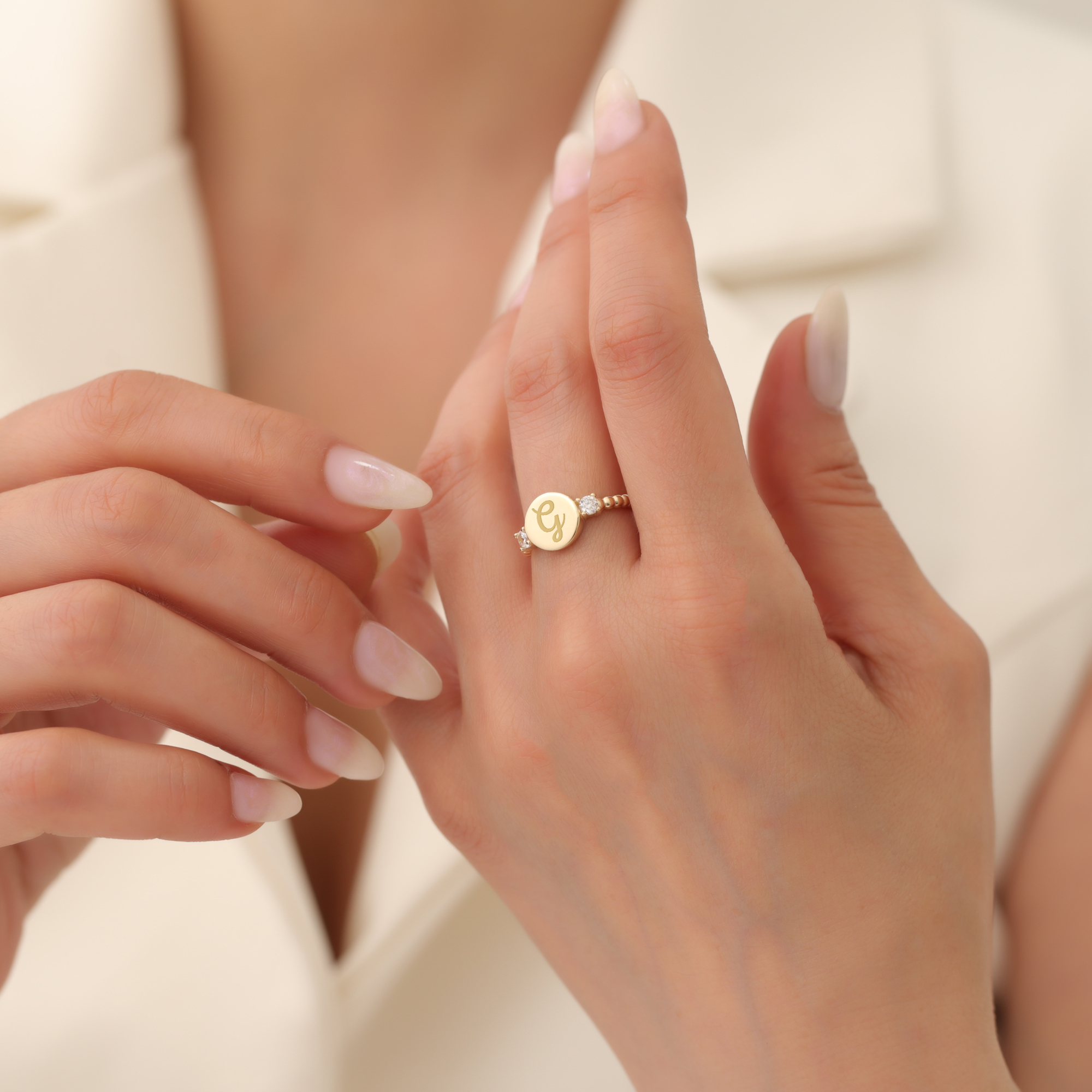Letter Detail Diamond Stone Custom Ring 14K Gold