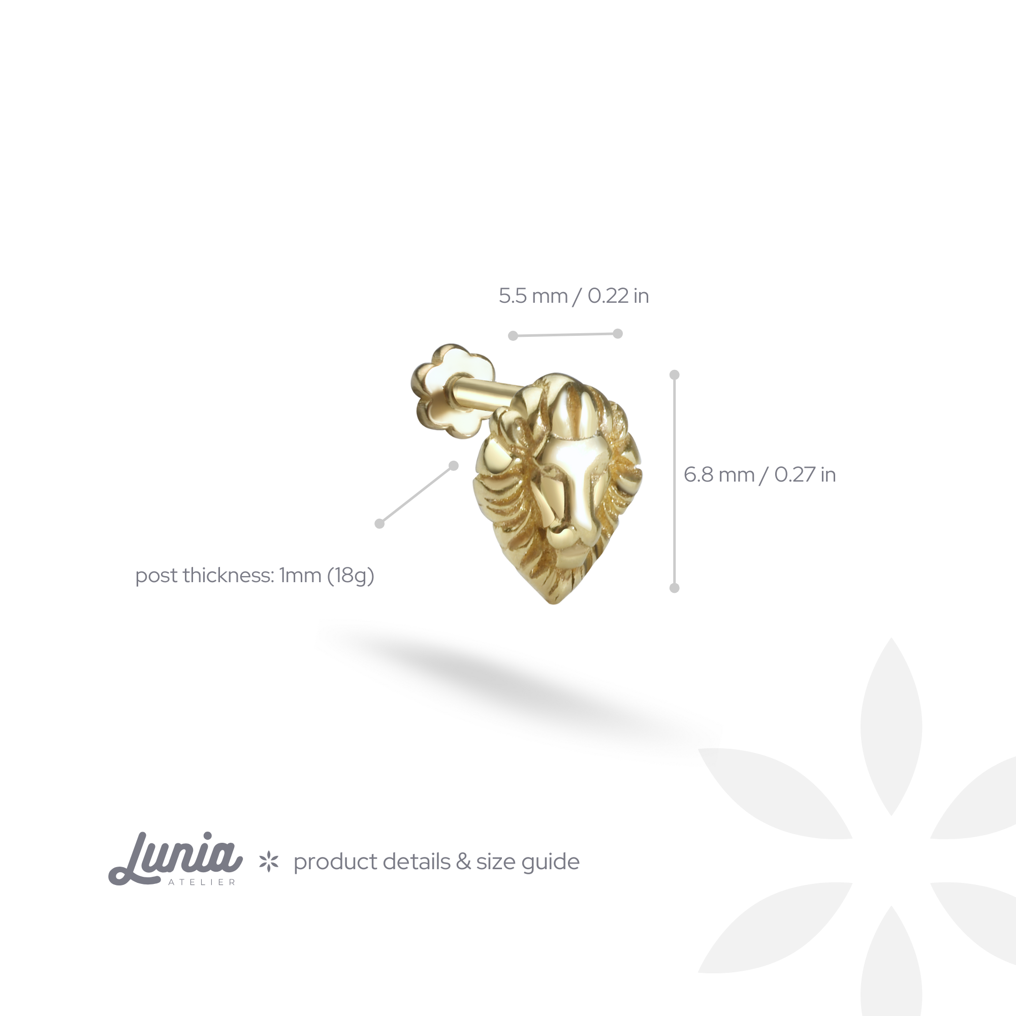 Lion Head Flatback Ear Piercing 14K Gold