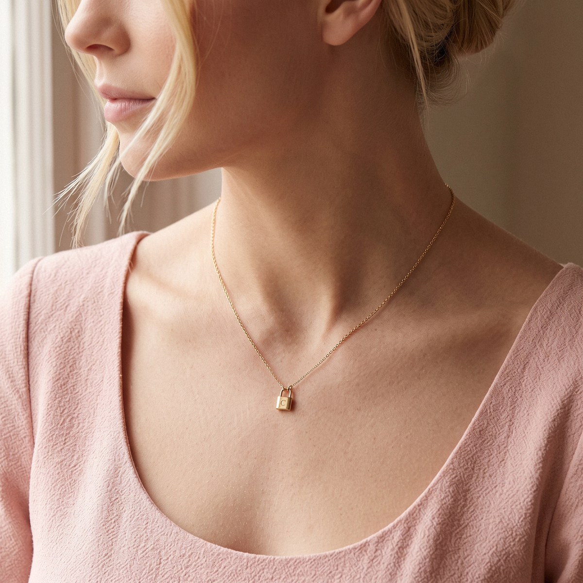 Woman wearing a Lock Initial Custom Necklace in 14K Solid Gold
