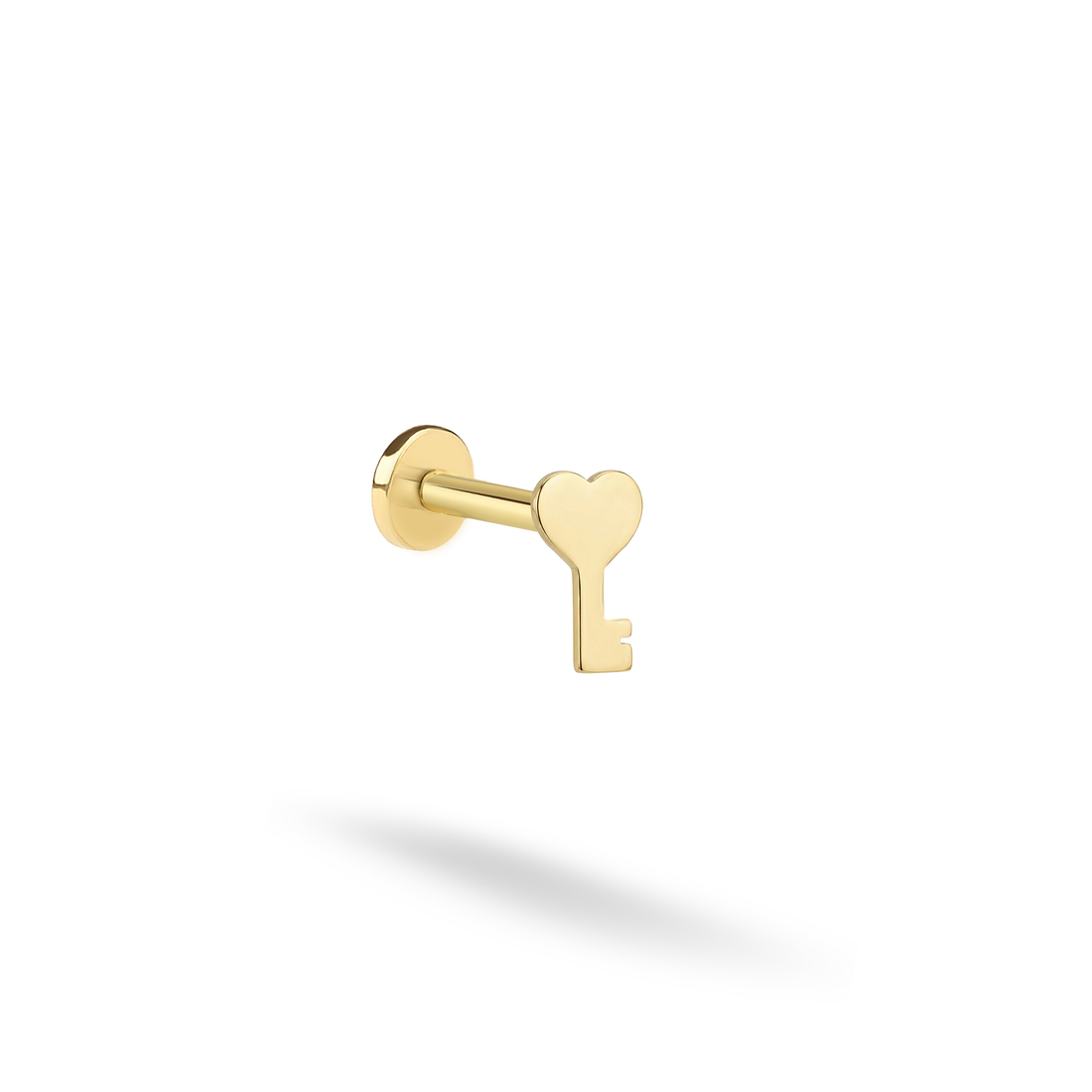 Love Key Flatback Ear Piercing 14K Gold / Silver with tiny heart design. A delicate heart piercing, perfect for Valentine gifting and everyday elegance.