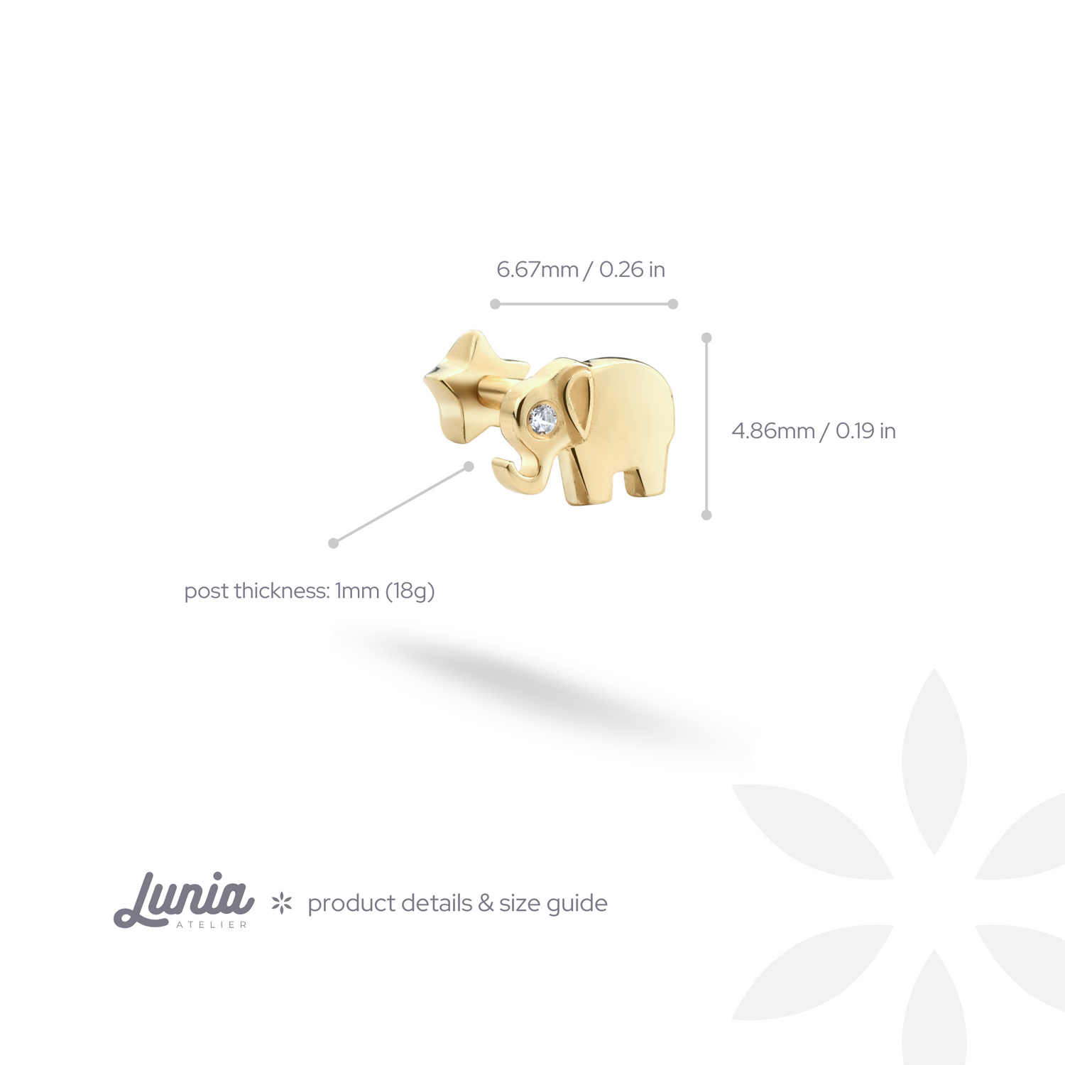 Lucky Elephant Flatback Ear Piercing 14K Gold with CZ Stone