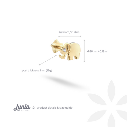 Lucky Elephant Flatback Ear Piercing 14K Gold with CZ Stone
