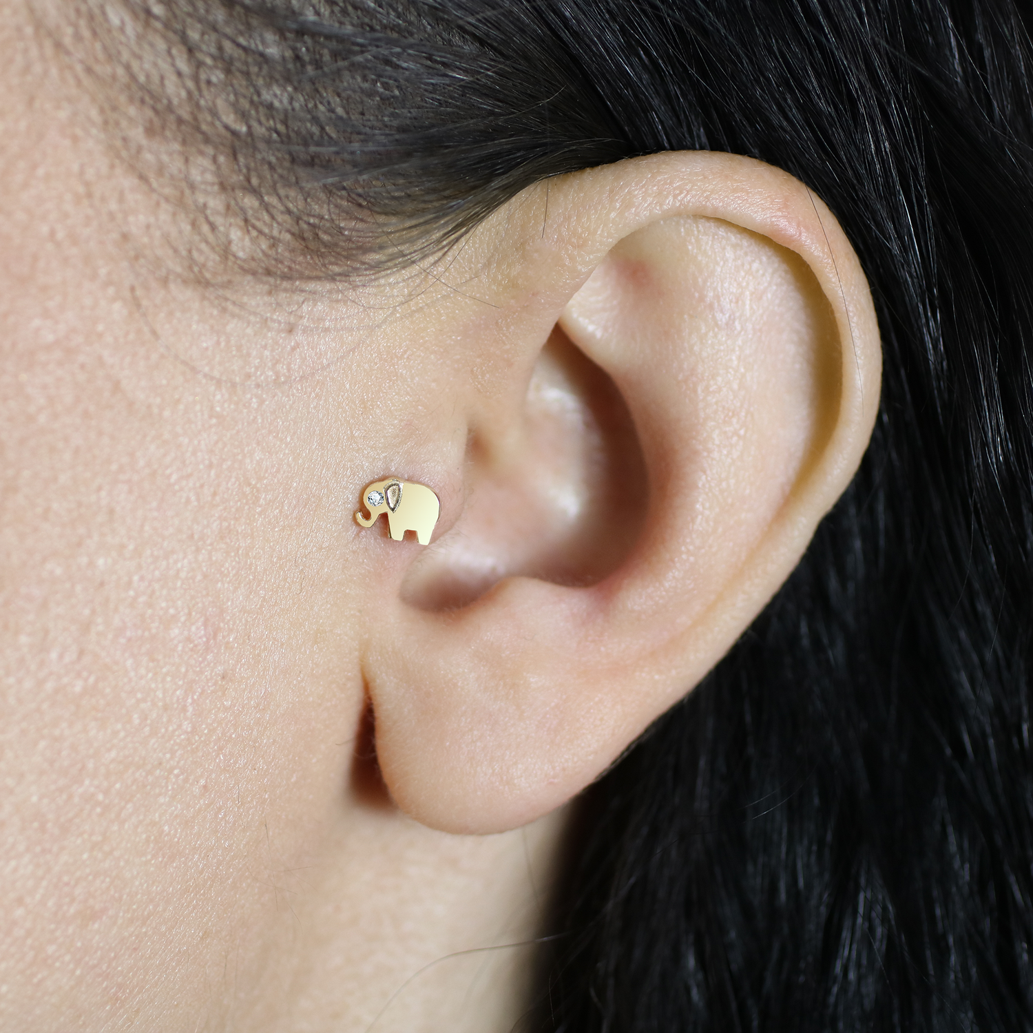 Lucky Elephant Flatback Ear Piercing 14K Gold with CZ Stone