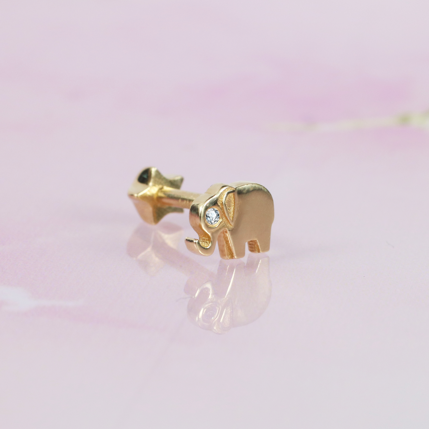 Lucky Elephant Flatback Ear Piercing 14K Gold with CZ Stone