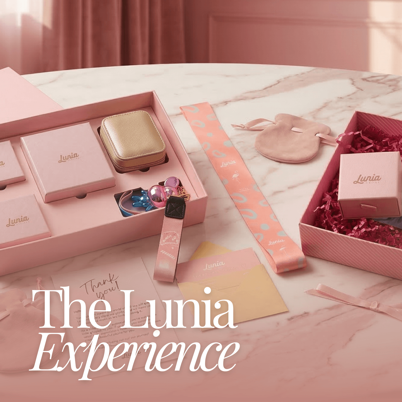 "Lunia Atelier Iconic Trio Set unboxing experience featuring a premium pink jewelry box, gold travel case, and a custom bag charm.