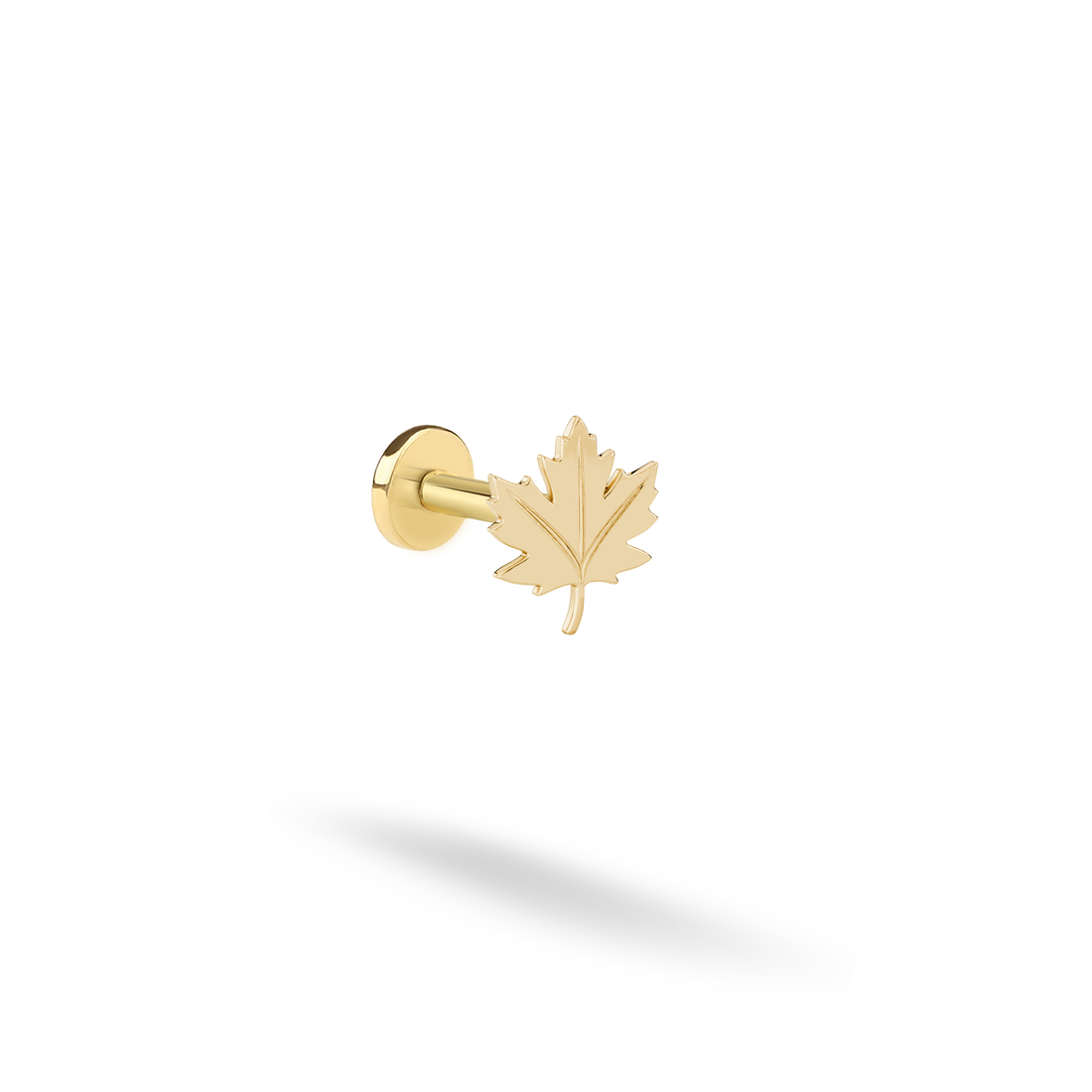 Maple Leaf Flatback Ear Piercing in luminous 14K yellow gold, with pointed lobes and engraved veins on white.