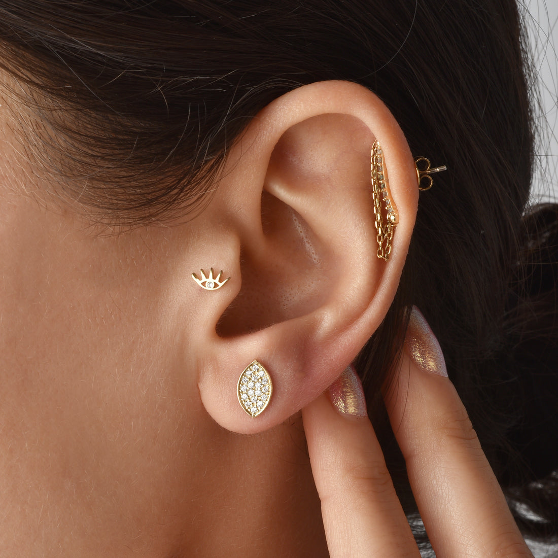 Diamond Eye Stud Inspired Marquise Almond Eye Shape Stud 14K Gold Earrings Silver Protection Studs Hand Crafted