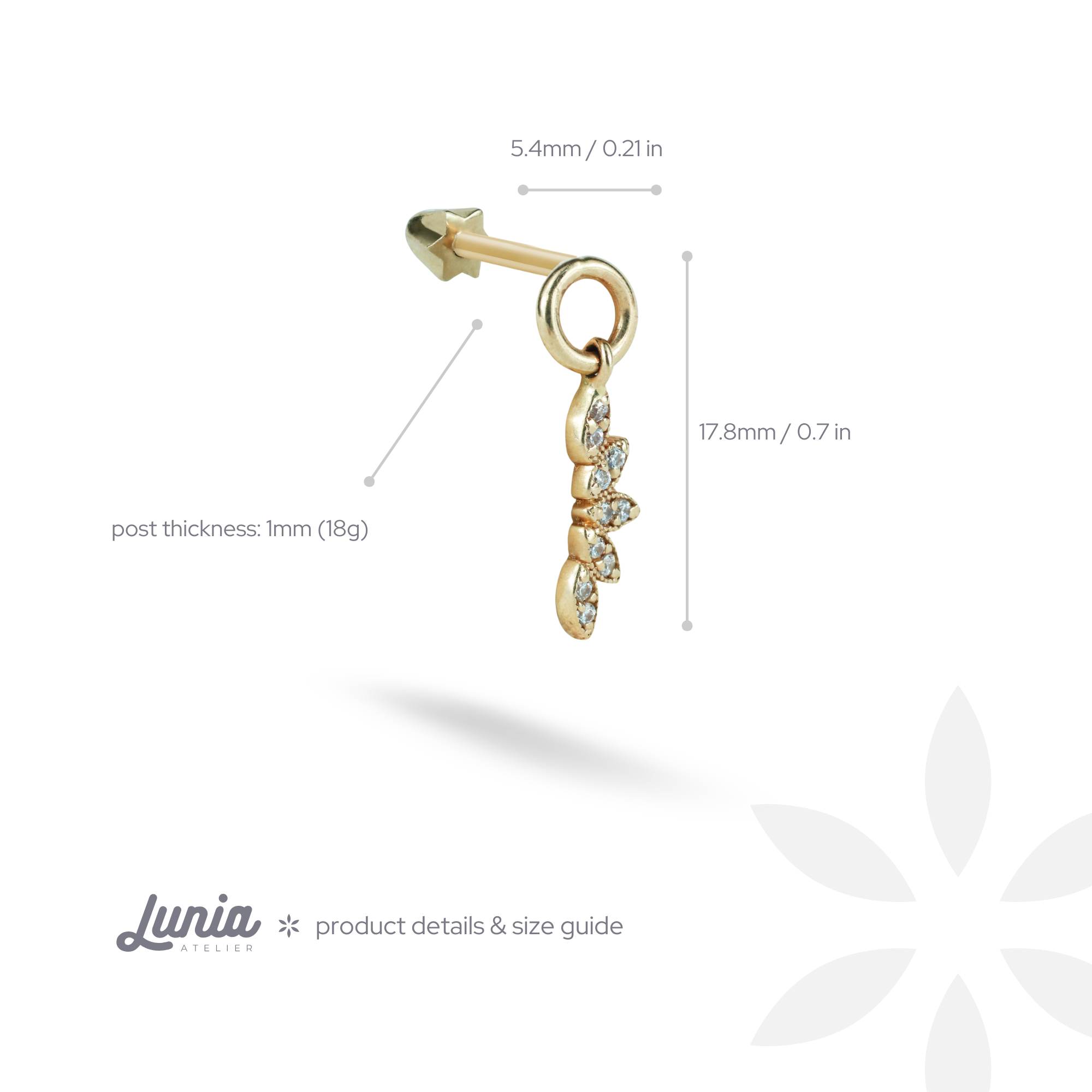 Marquise Dangle Flatback Ear Piercing 14K Gold with CZ Stone