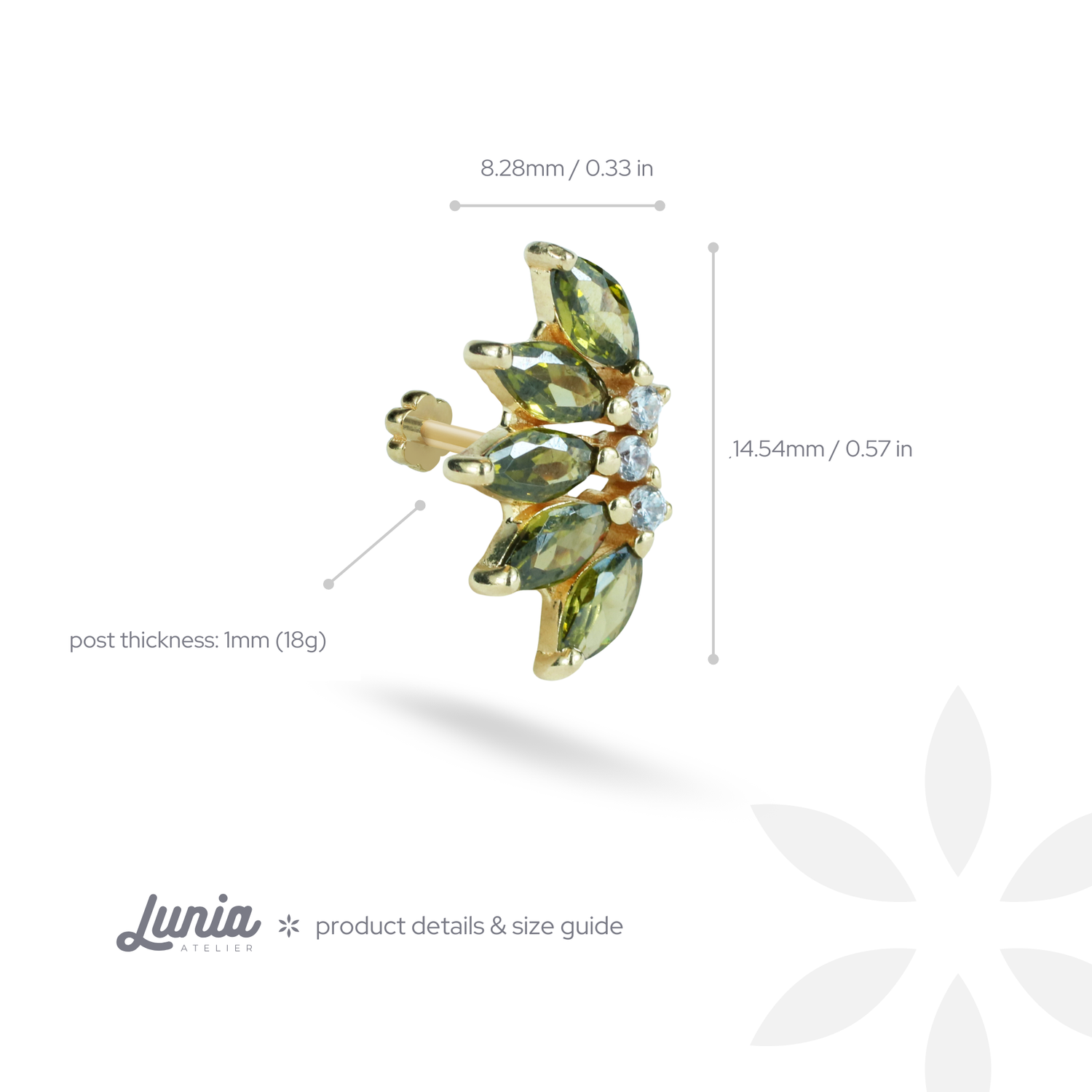 Marquise Green Flatback Ear Piercing 14K Gold with CZ Stone