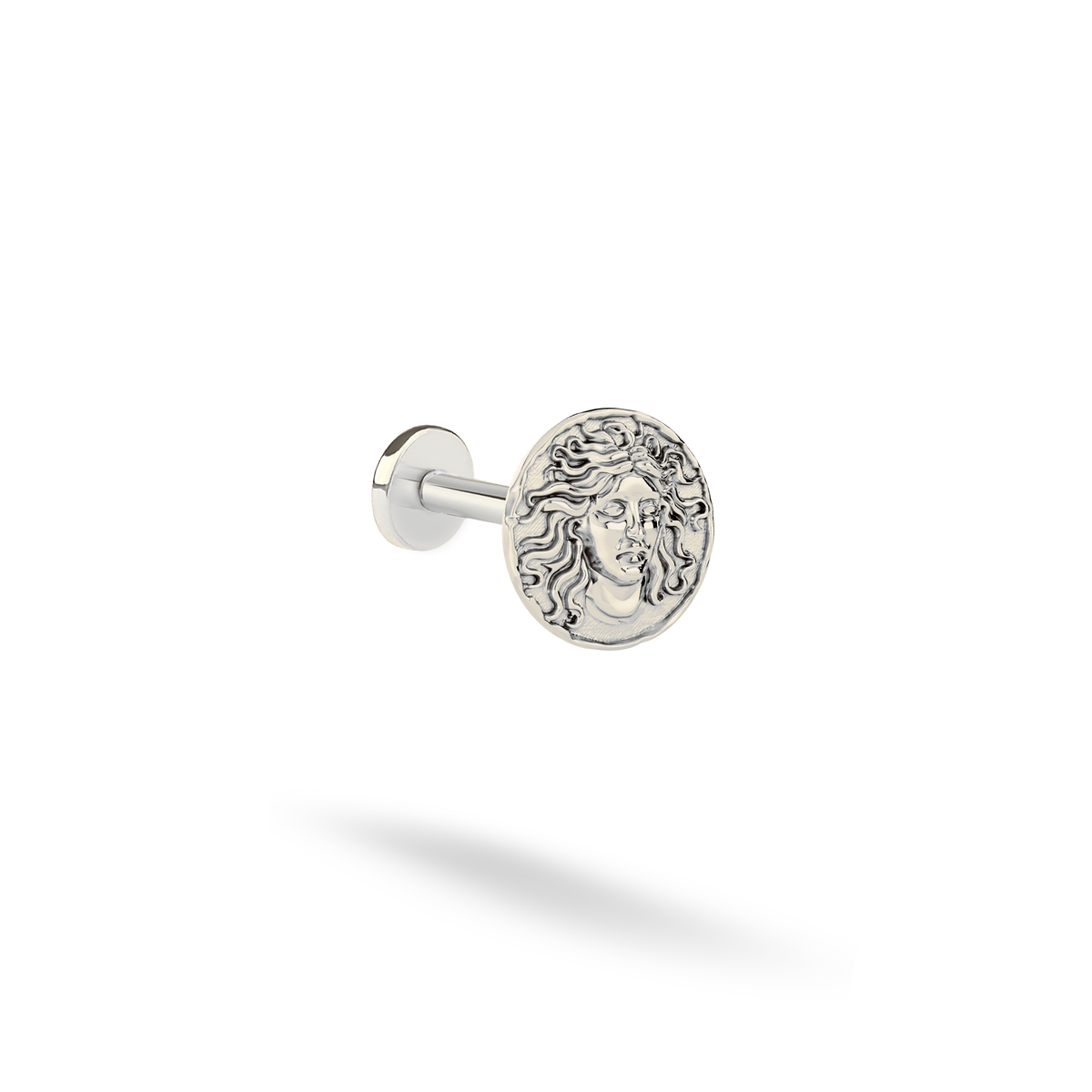 Cool 14K white gold Medusa piercing on a clean white background, with crisp relief across the face and hair.